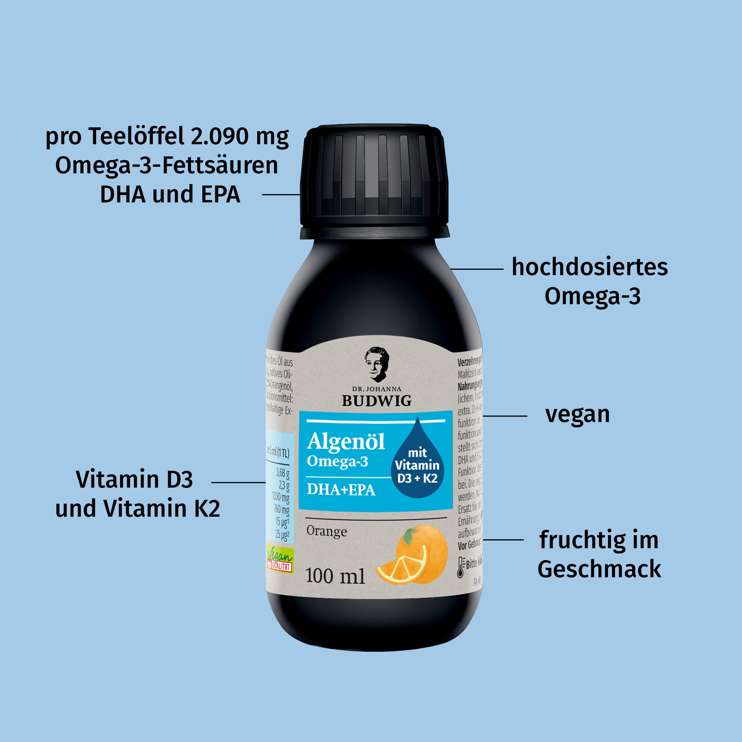 Dr. Budwig Omega-3 Algenöl Orange D3 K2 Öl