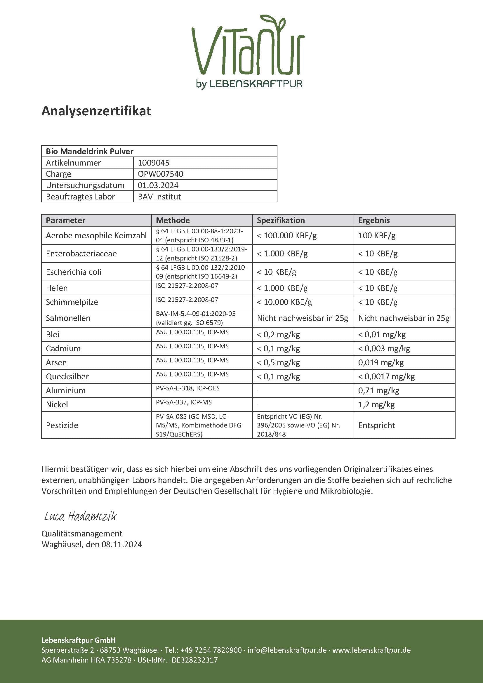 LebenskraftPur Bio Mandeldrink Pulver Mandelmilch vegan