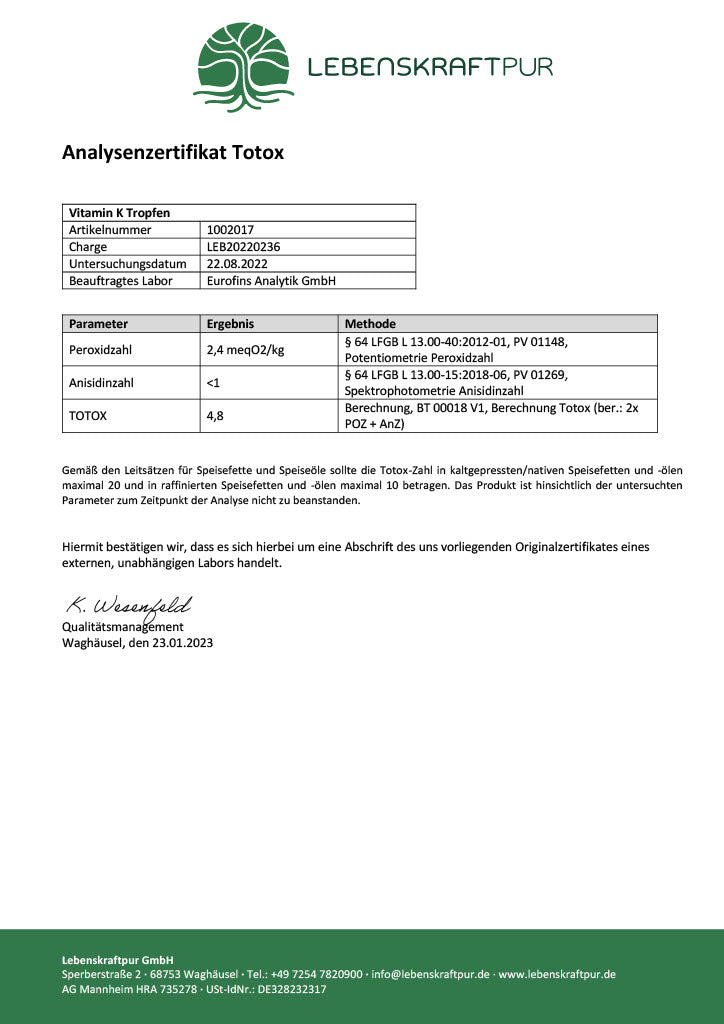 LebenskraftPur Nahrungsergänzung Vitamin K Tropfen 30 ml K2 MK-7