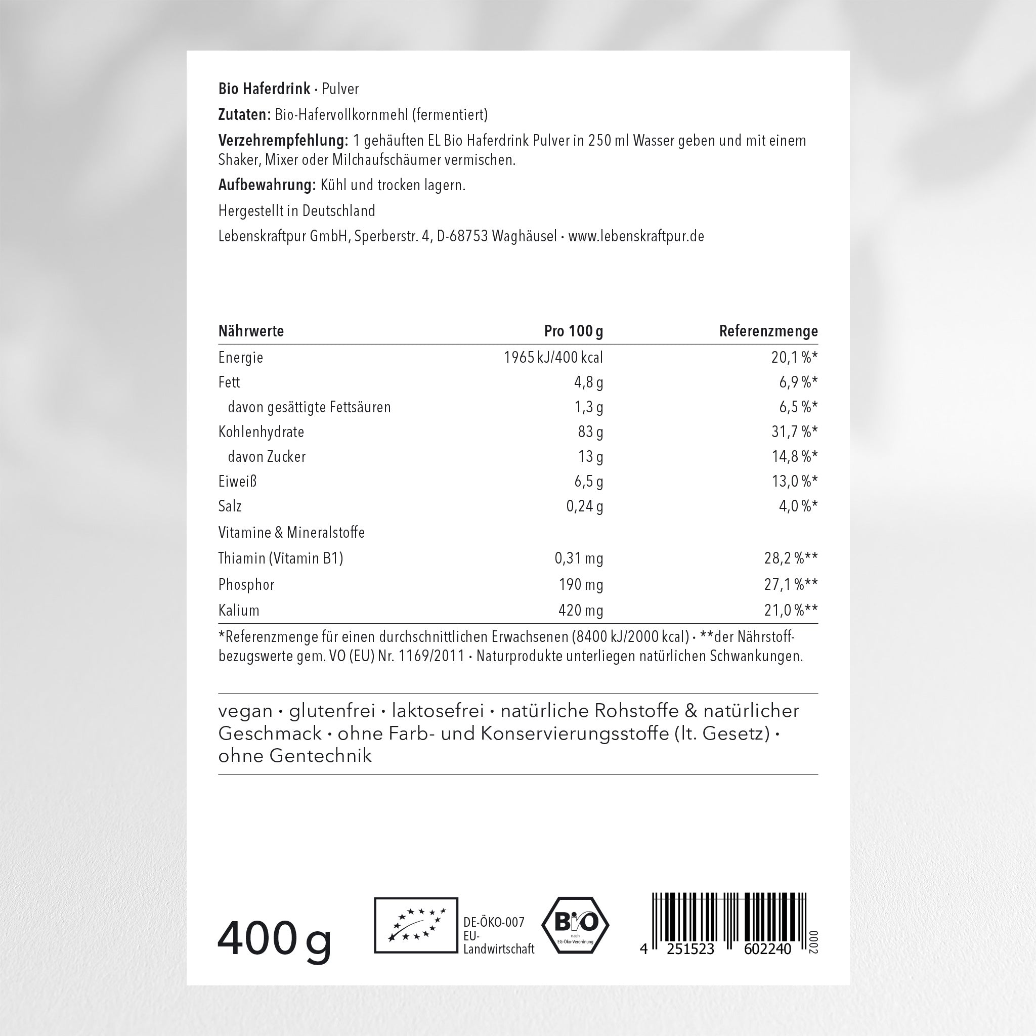 LebenskraftPur Superfood Bio Haferdrink Pulver bio vegan