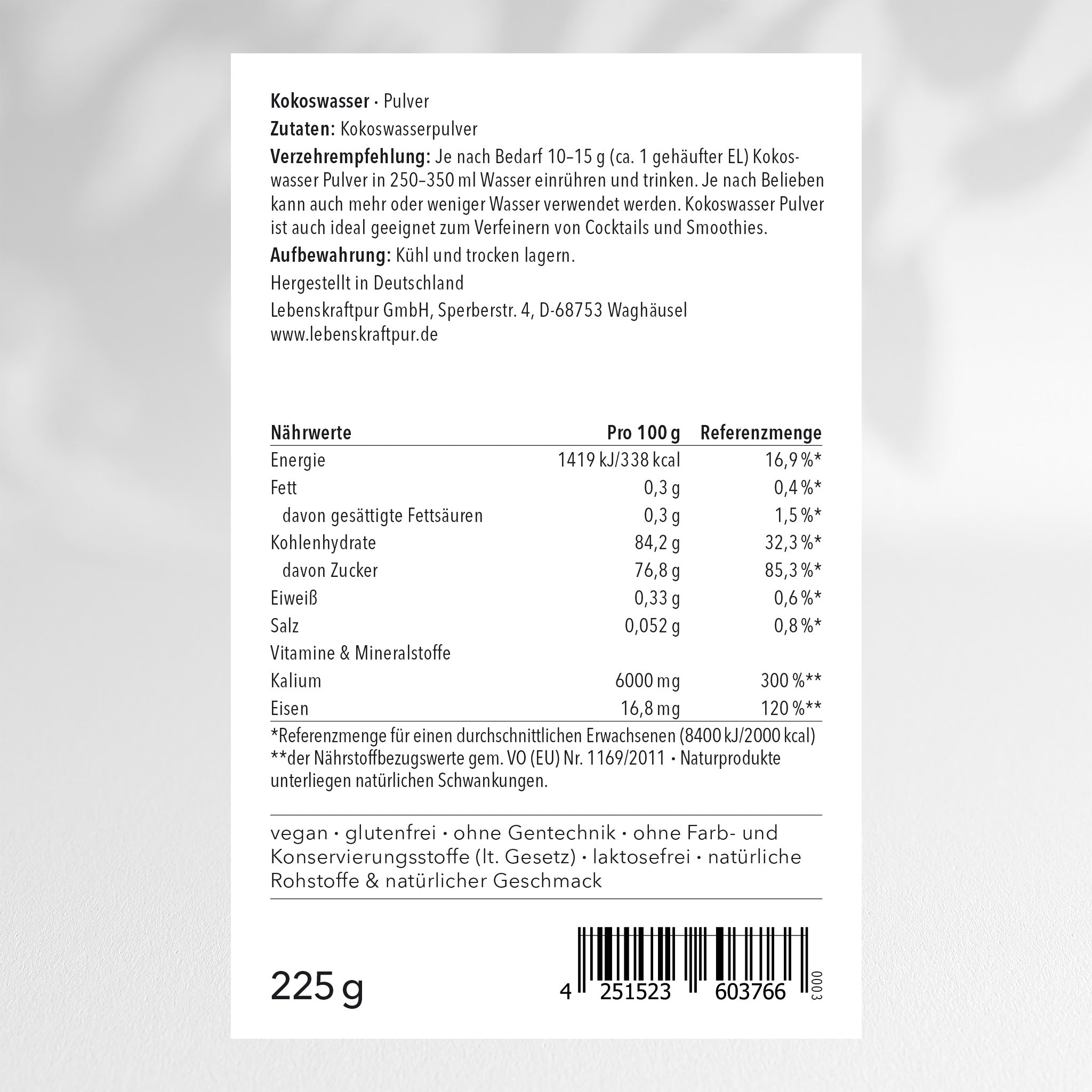 LebenskraftPur Kokoswasser Pulver isotonisch mit Kalium