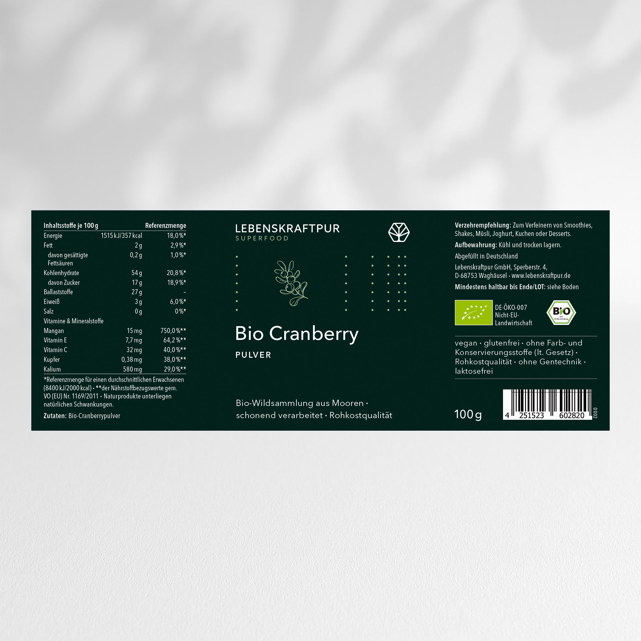 LebenskraftPur Superfood Bio Cranberry Pulver rohvegan