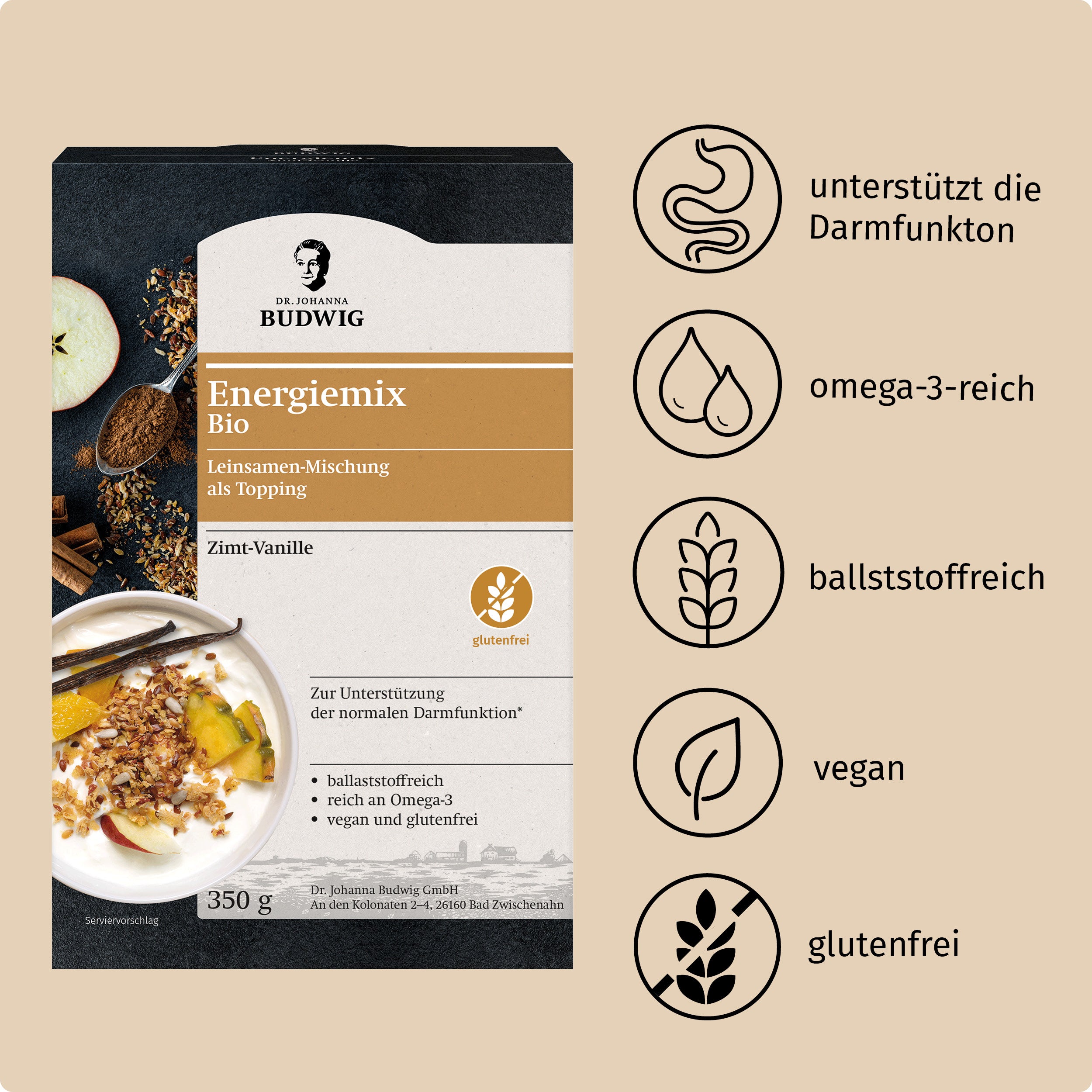 Dr. Johanna Budwig Leinsamen Energiemix Zimt-Vanille 350g Bio