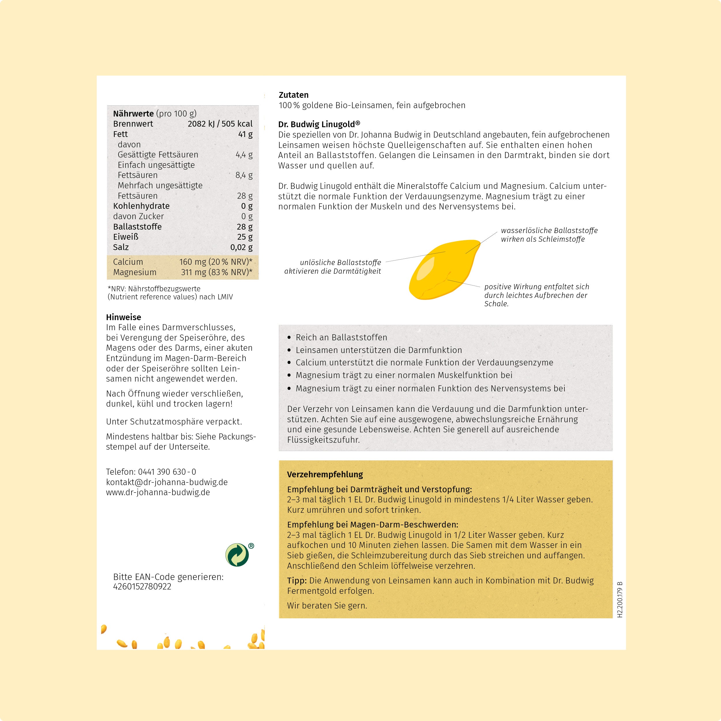 Dr. Johanna Budwig Linugold Leinsamen Ballaststoffe vegan