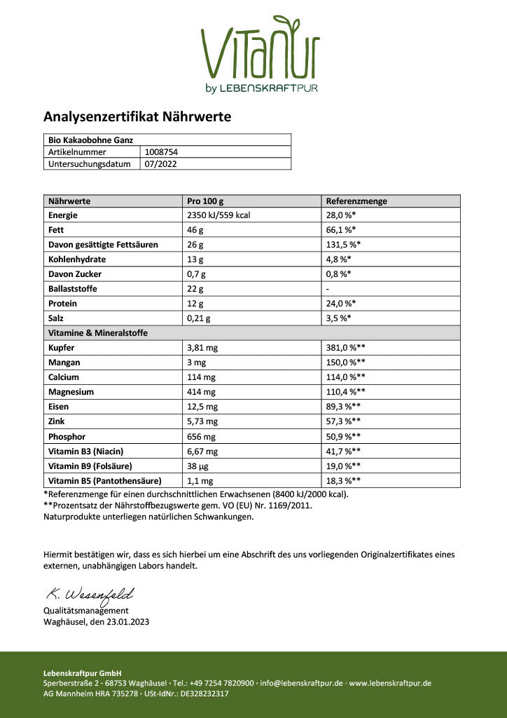 LebenskraftPur Superfood Bio Kakaobohne Ganz Criollo Rohkost