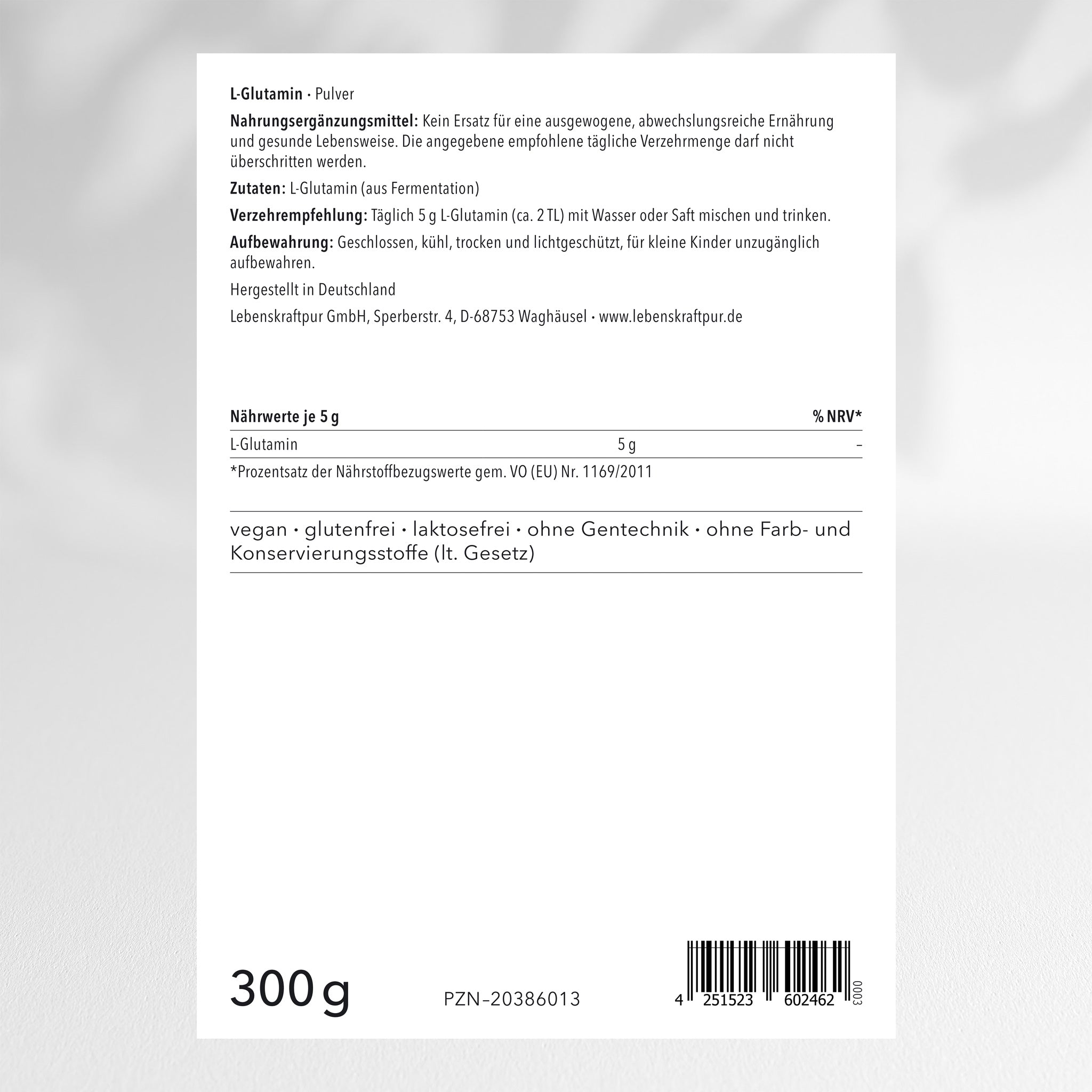 LebenskraftPur L-Glutamin Pulver Aminosäure vegan Fermentation