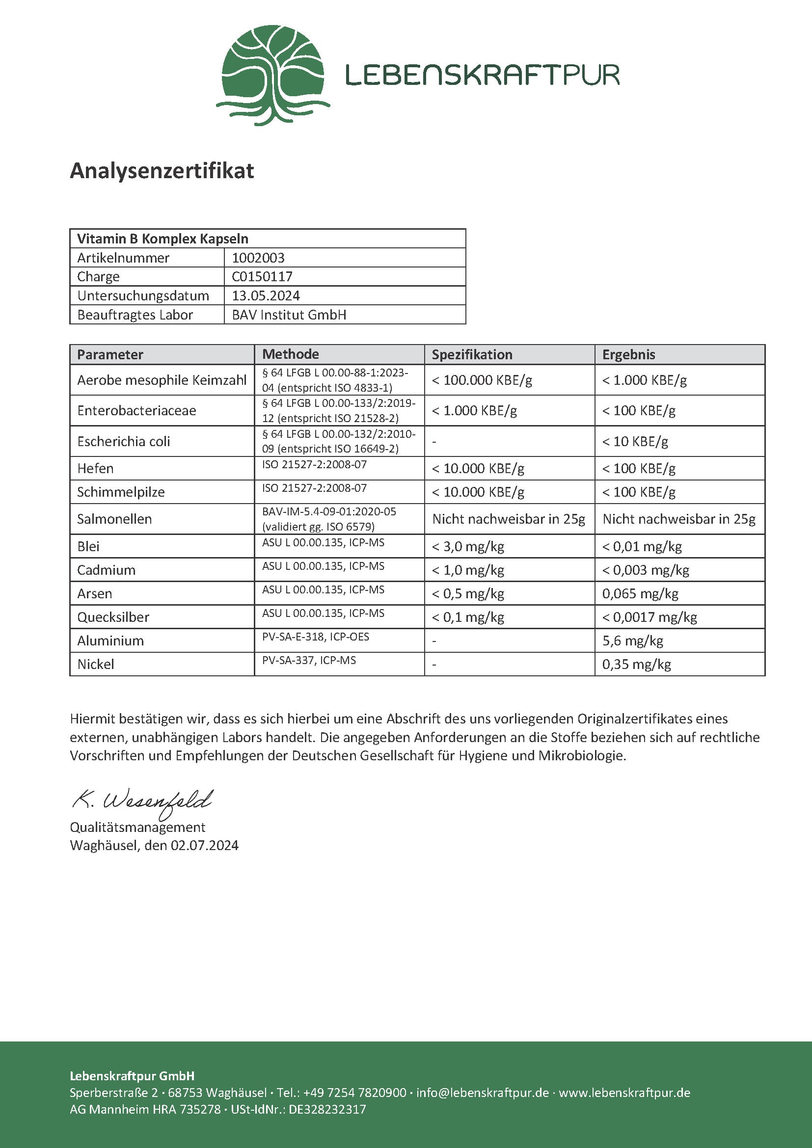 LebenskraftPur Vitamin B Komplex Kapseln alle B-Vitamine vegan