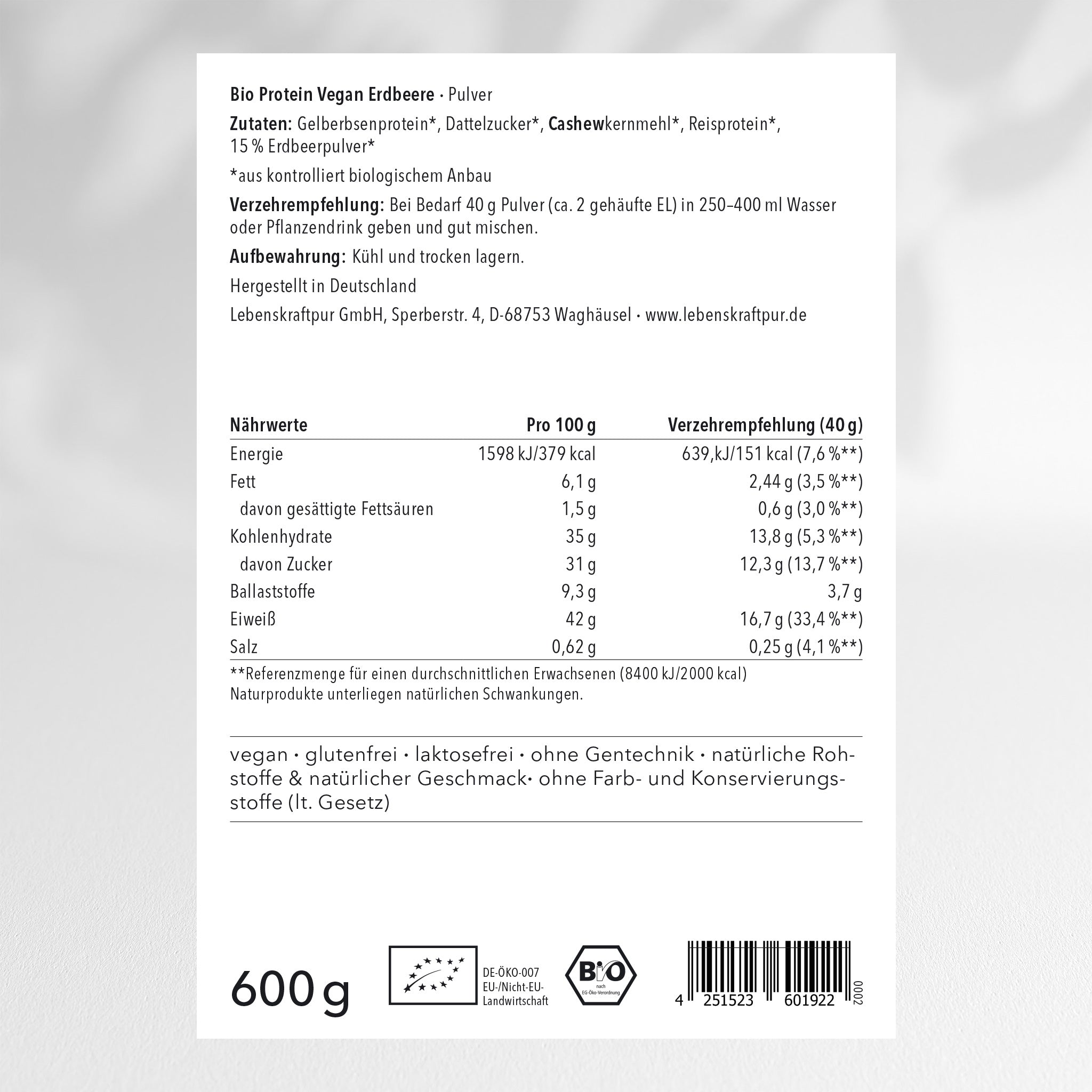 LebenskraftPur Bio Protein Vegan Erdbeere Pulver