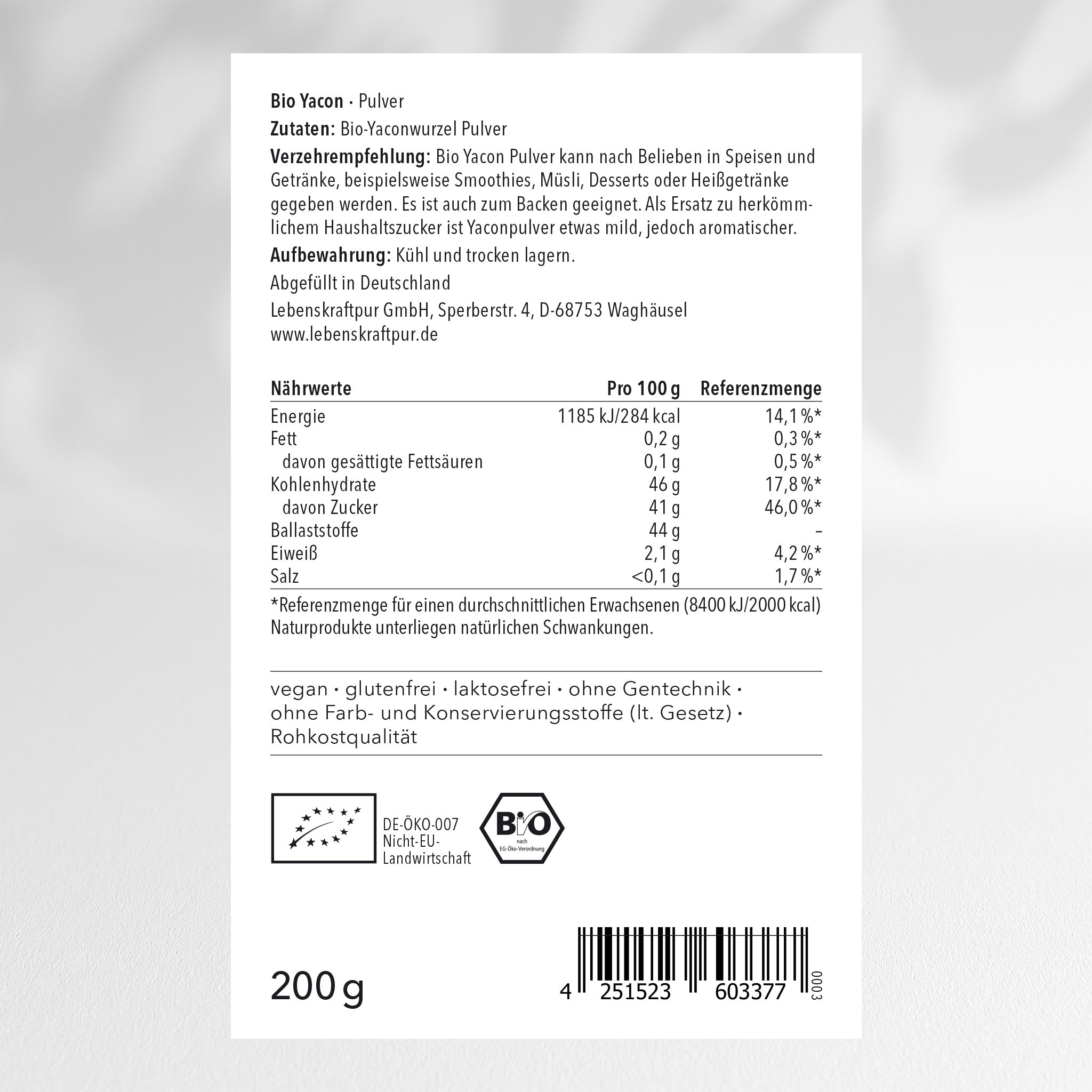 LebenskraftPur Bio Yacon Pulver Zuckeralternative FOS