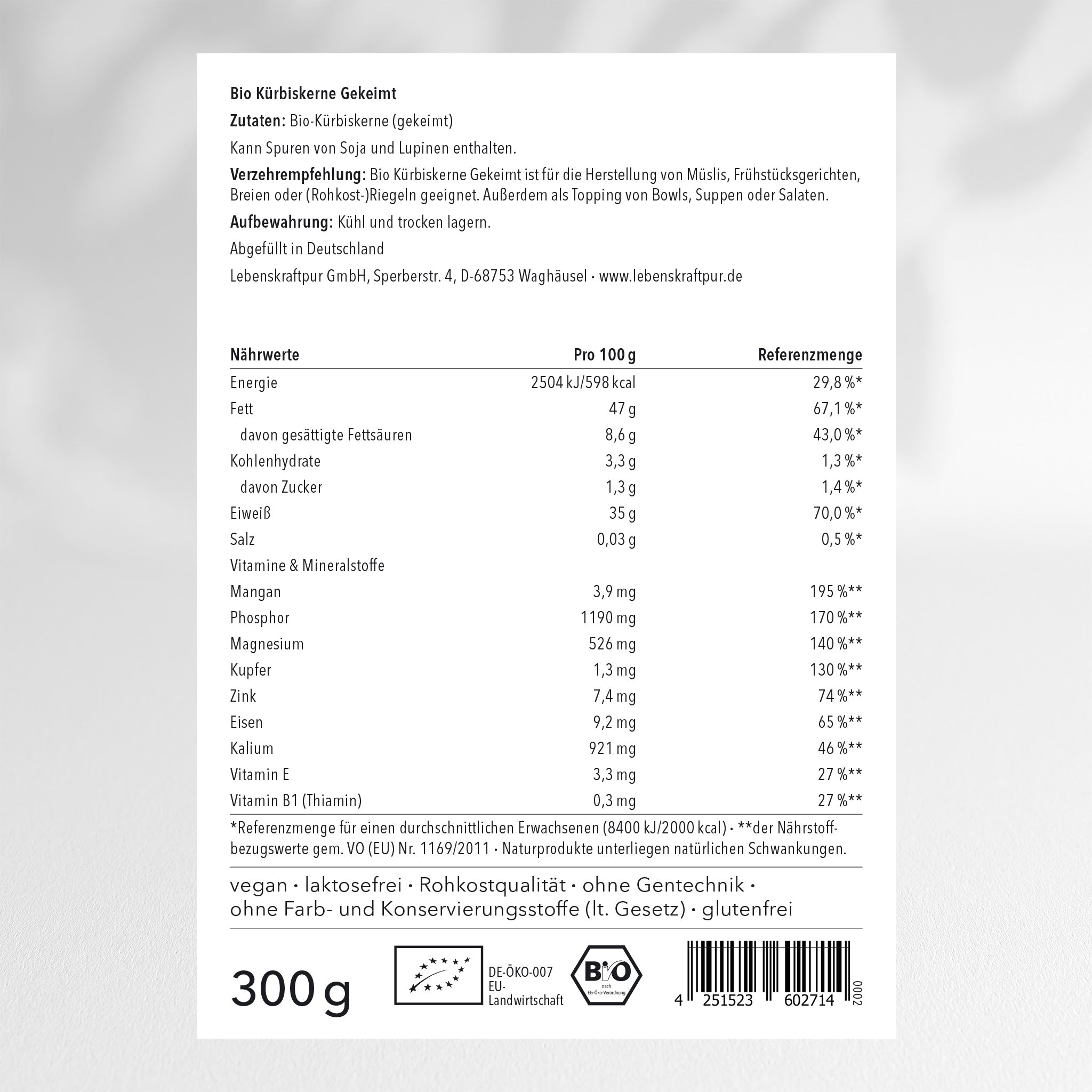 LebenskraftPur Superfood Bio Kürbiskerne Gekeimt 300 g roh