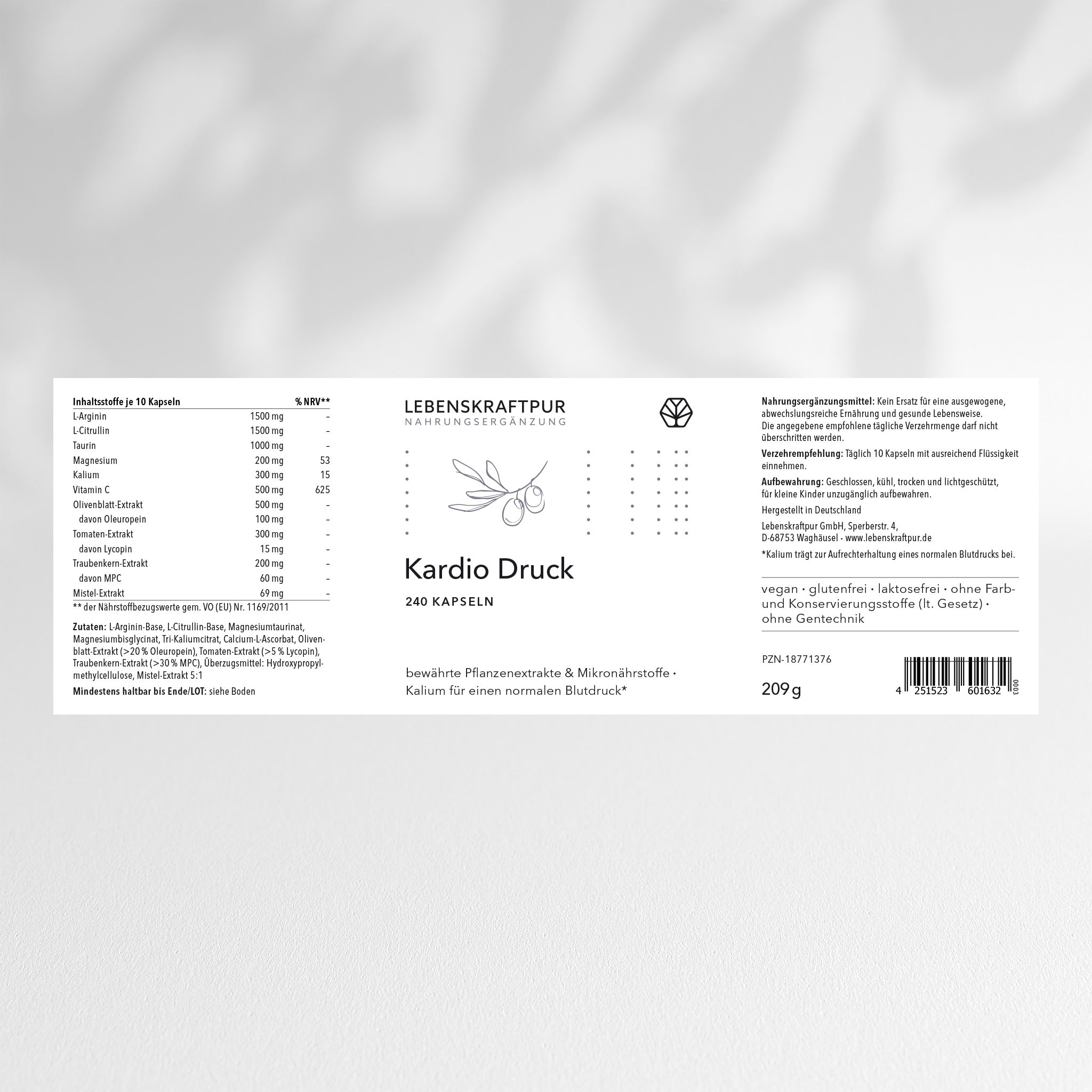 LebenskraftPur Kardio Druck Kapseln mit Kalium vegan