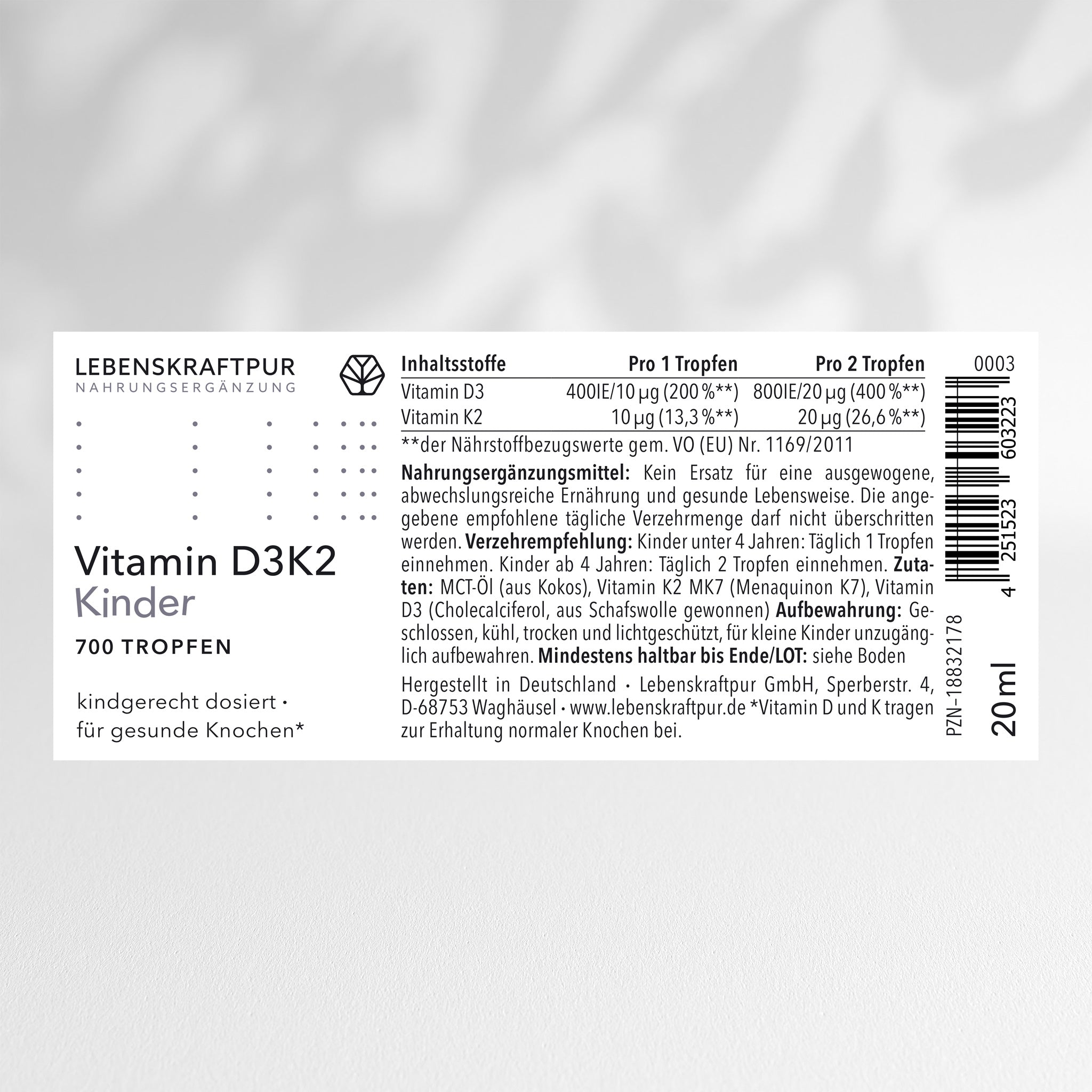LebenskraftPur Vitamin D3K2 Kinder Tropfen MCT-Öl 400 IE