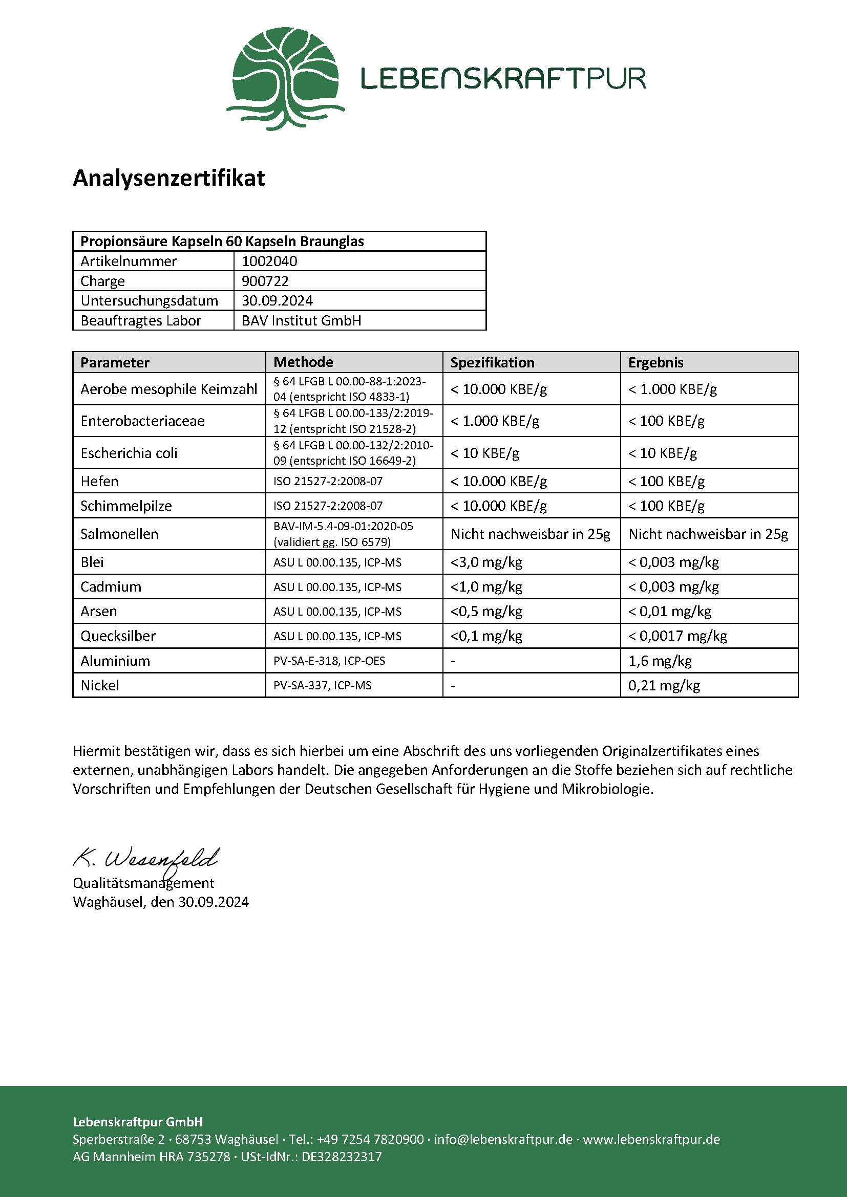 LebenskraftPur Propionsäure Kapseln 1000 mg Natriumpropionat