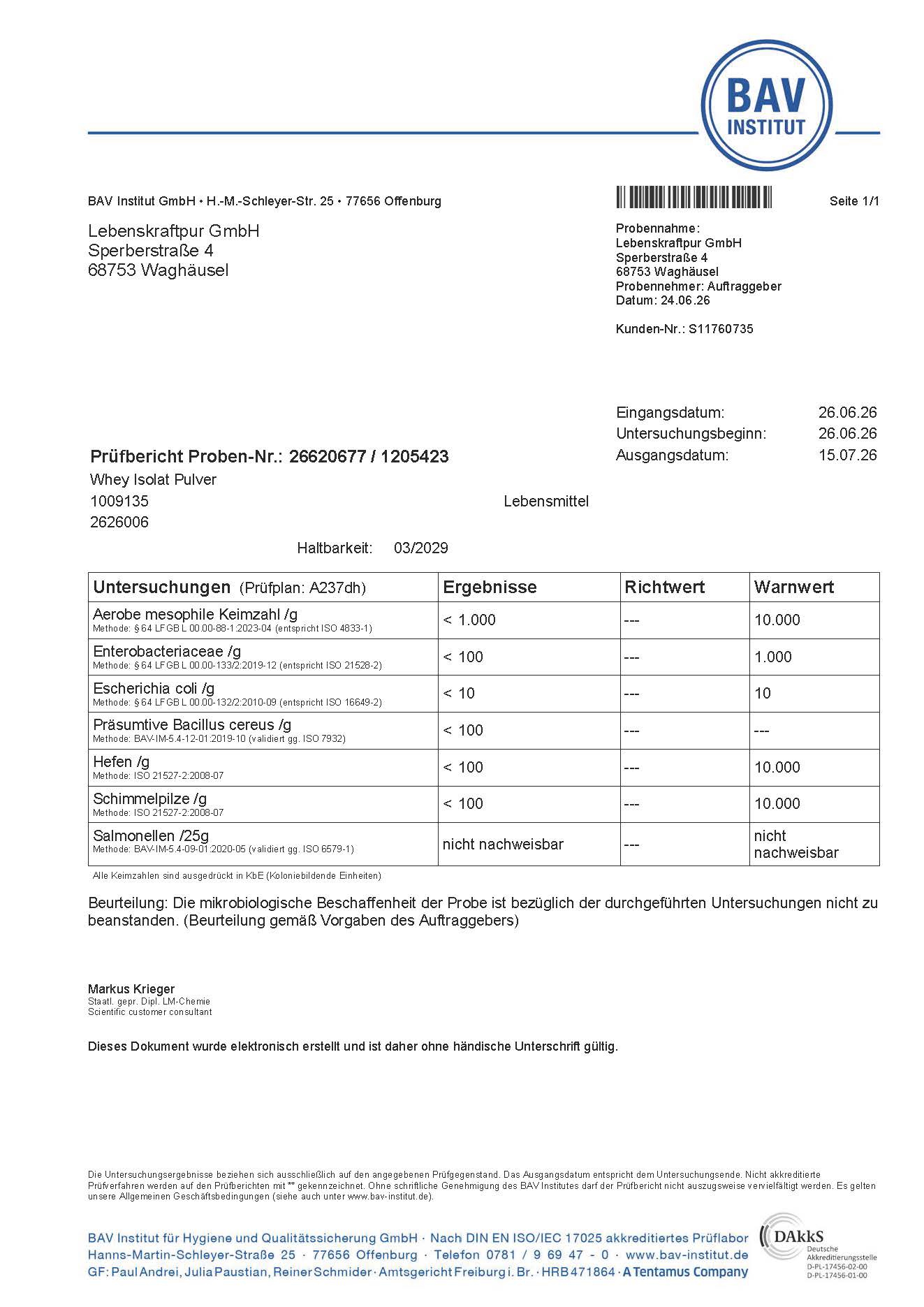 LebenskraftPur Whey Isolat Pulver Weidemilch neutral Protein