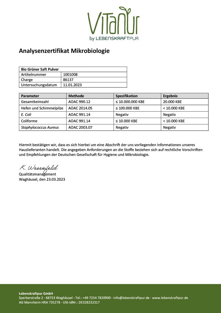 LebenskraftPur Bio Grüner Saft Pulver Gräser-Saftpulver bio
