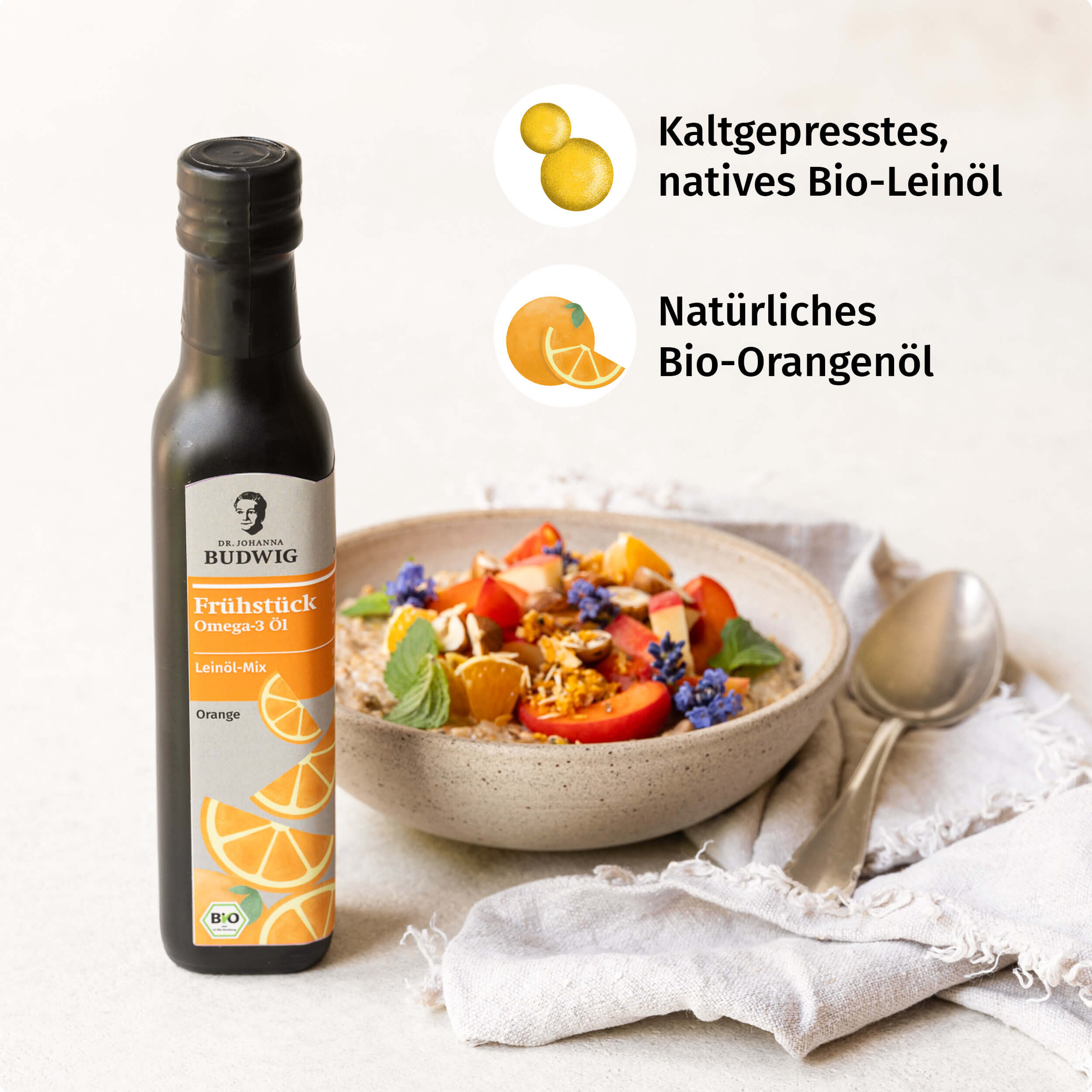 Dr. Johanna Budwig Omega-3 Frühstücksöl Orange Leinöl Bio