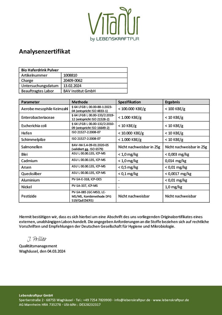LebenskraftPur Superfood Bio Haferdrink Pulver bio vegan