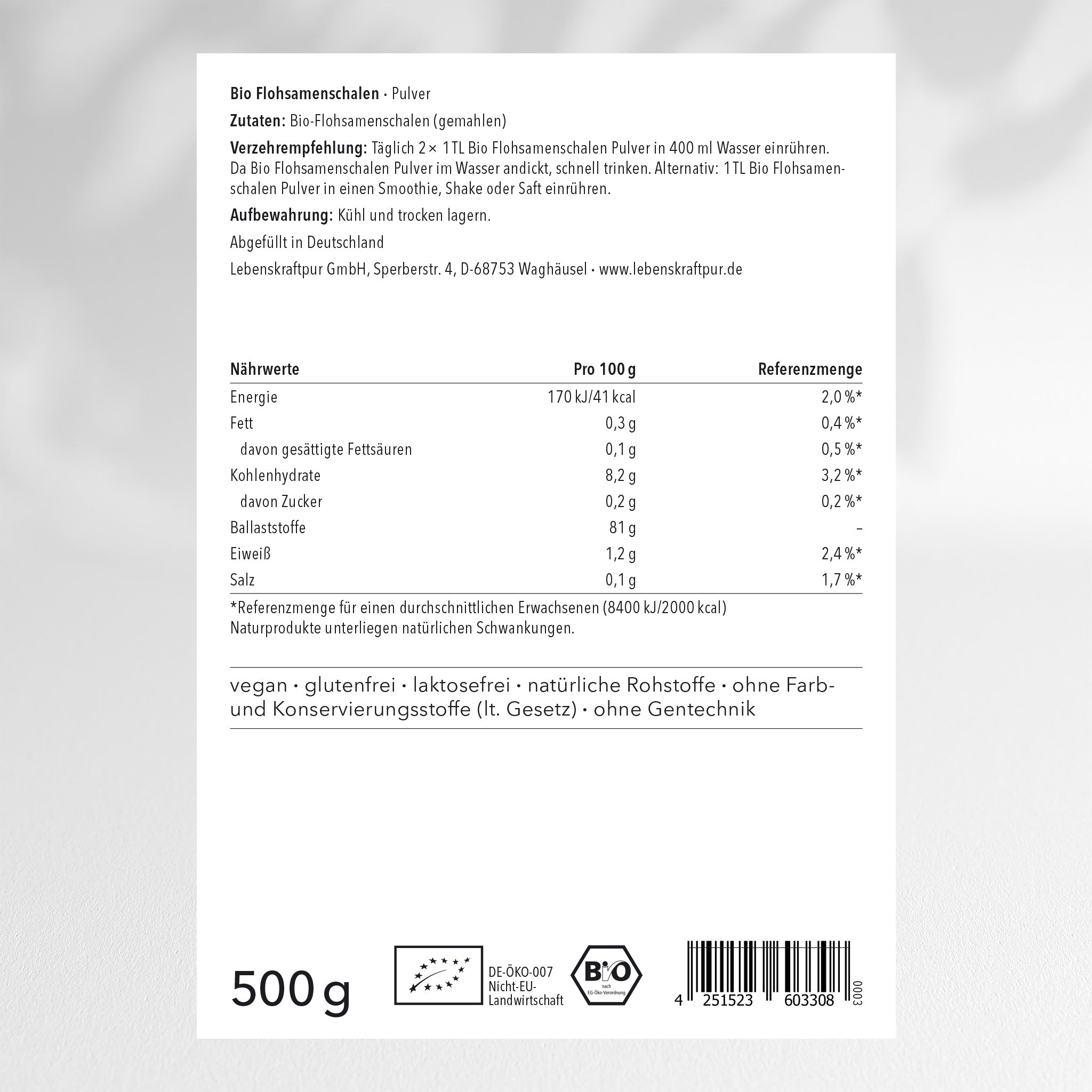 LebenskraftPur Bio Flohsamenschalen Pulver Ballaststoffe