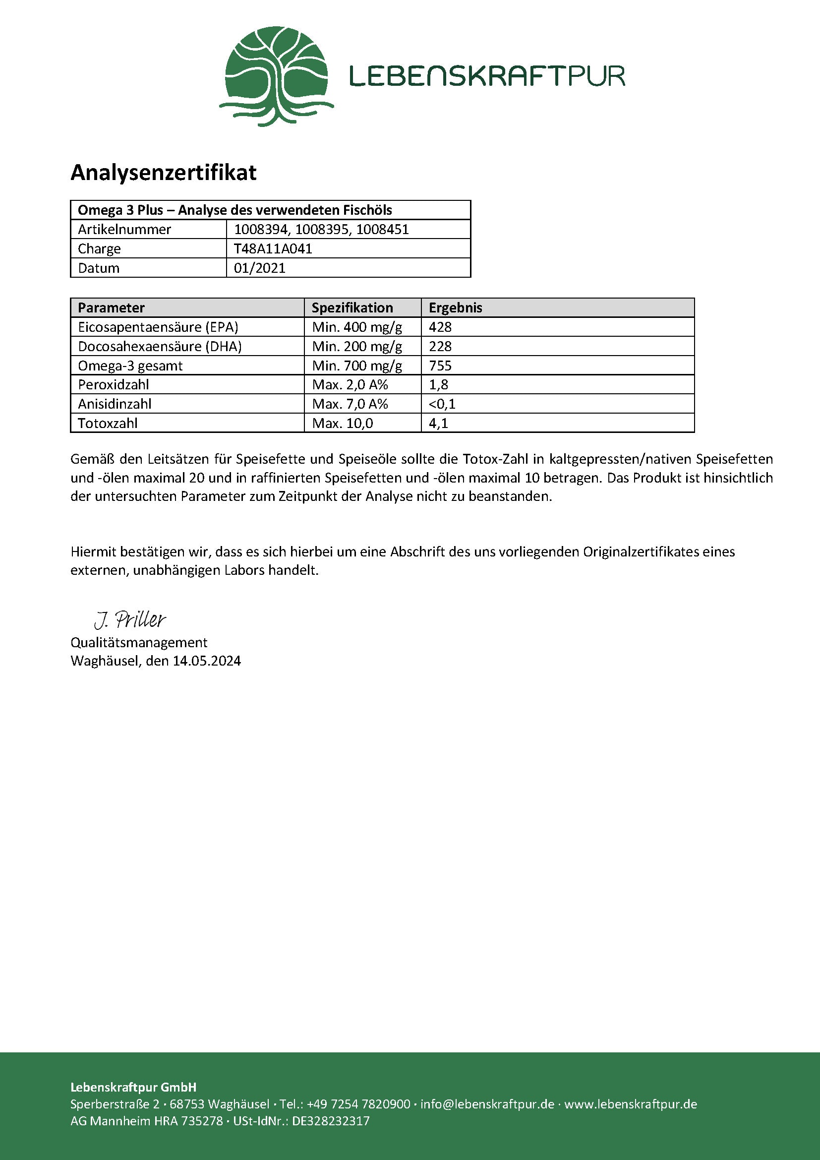 Lebenskraftpur Omega 3 Plus Kapseln 120 Kapseln mit EPA DHA
