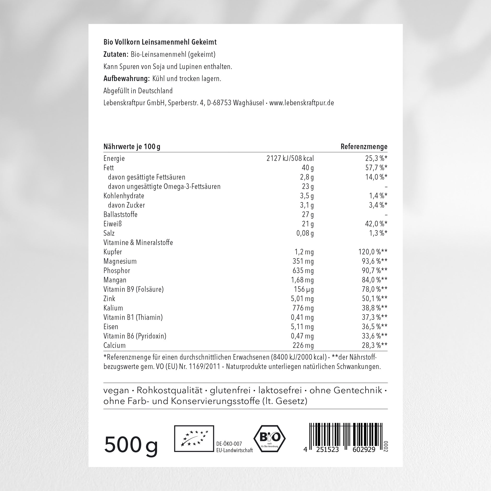 LebenskraftPur Superfood Bio Vollkorn Leinsamenmehl Gekeimt glutenfrei