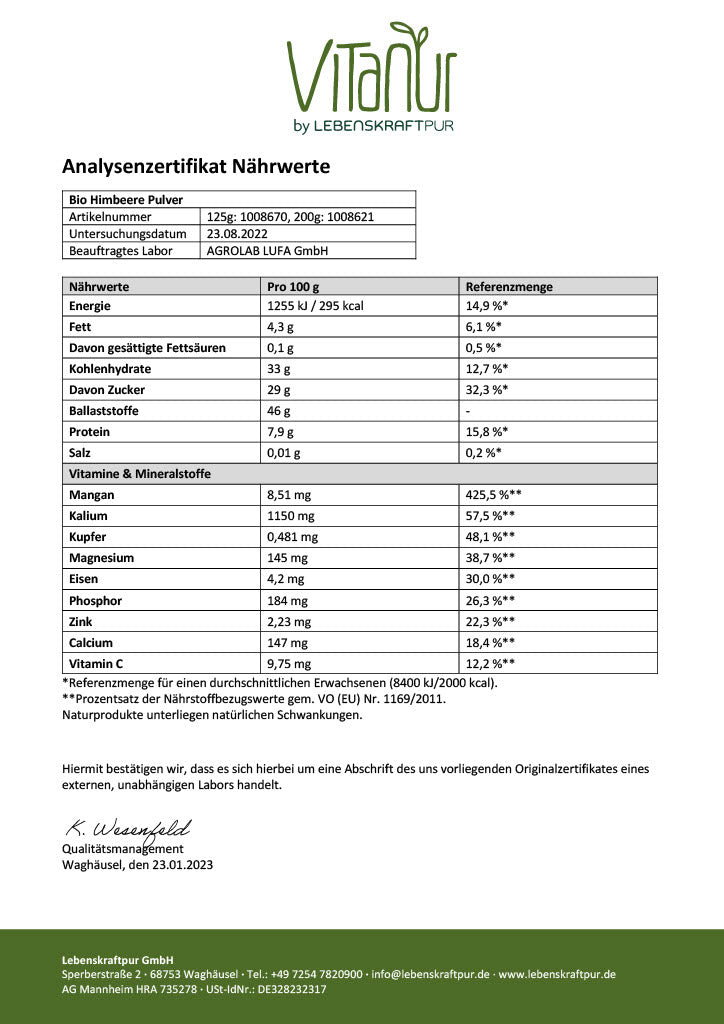 LebenskraftPur Bio Himbeere Pulver 200 g Frucht