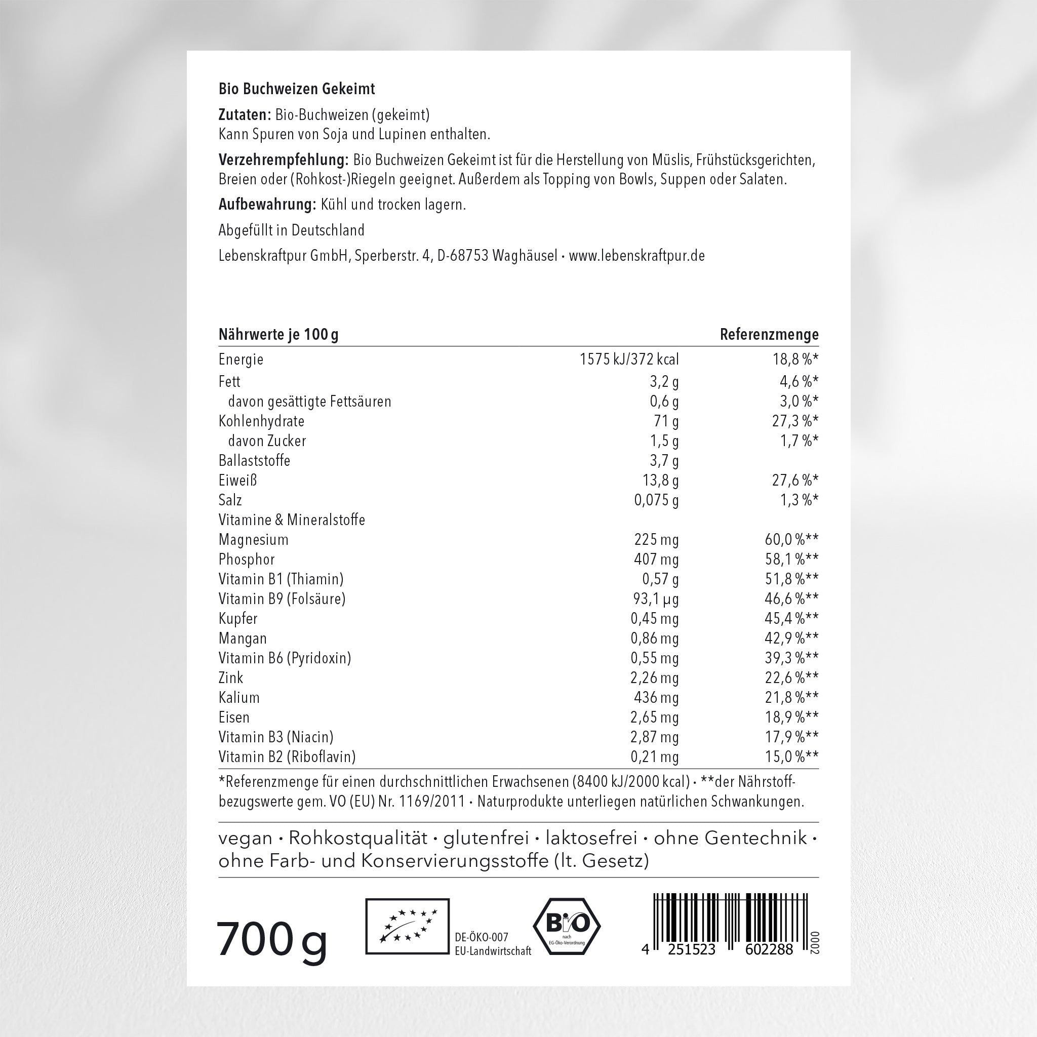 LebenskraftPur Bio Buchweizen Gekeimt 350 g Rohkost vegan