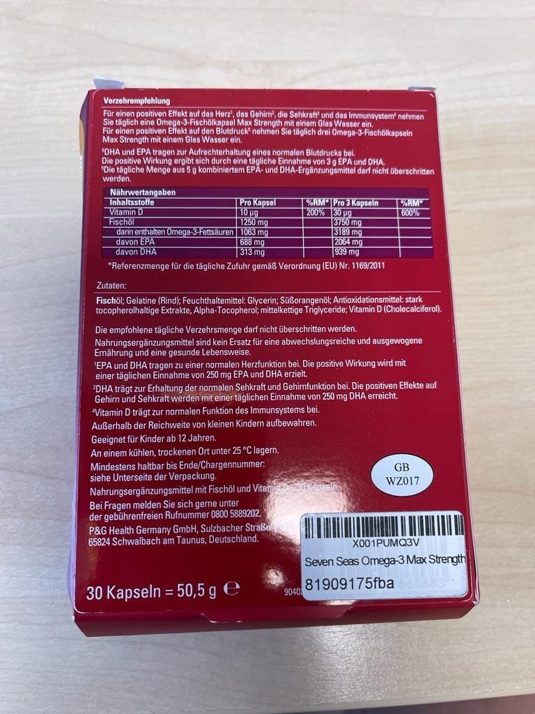 Seven Seas Max Strength Omega-3 Fischöl 30 Kapseln Vitamin D