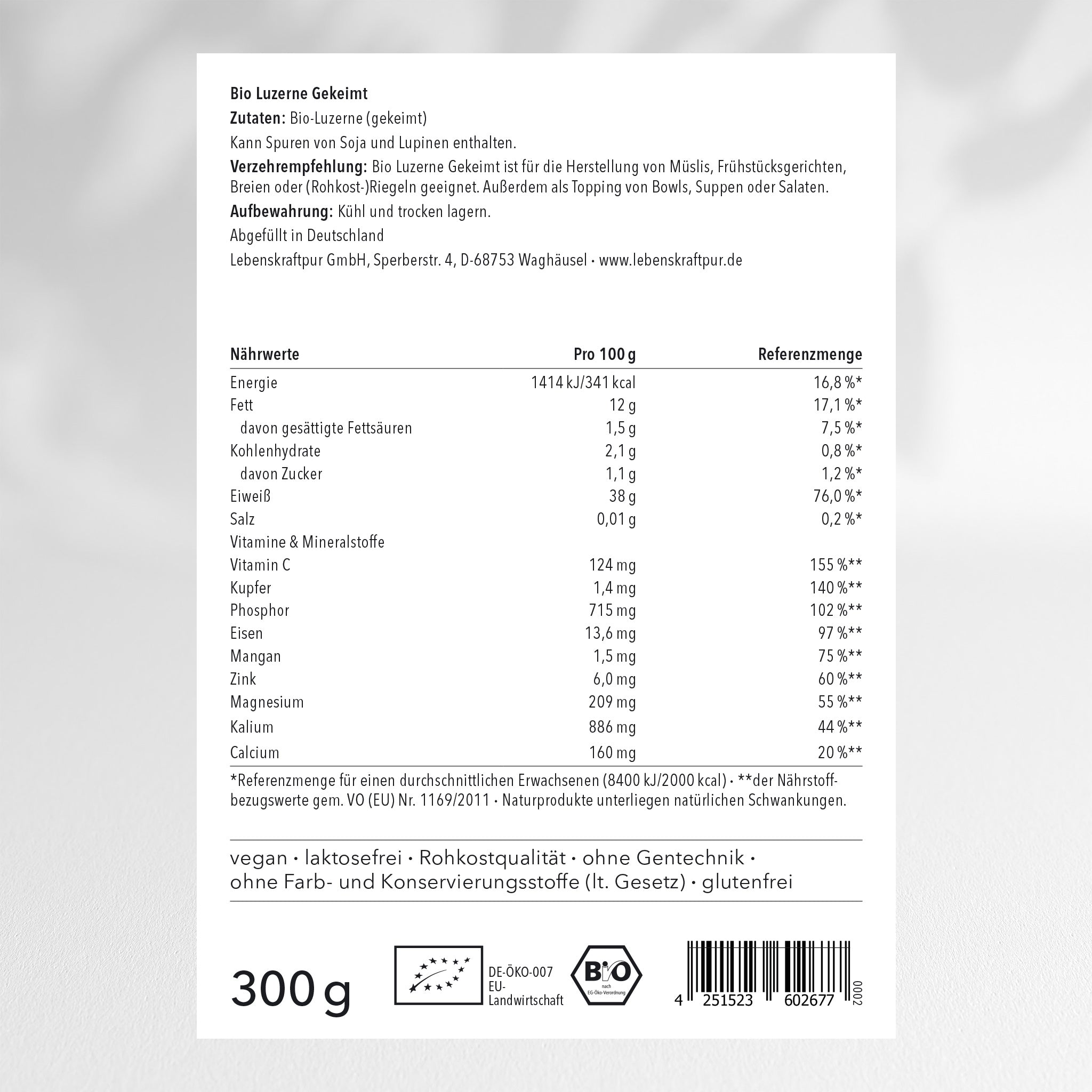 LebenskraftPur Bio Luzerne Gekeimt Pulver 300 g nussig
