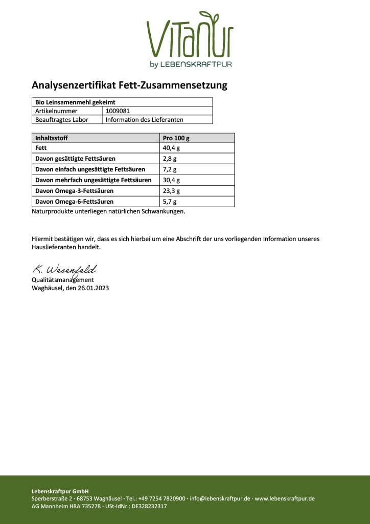 LebenskraftPur Superfood Bio Vollkorn Leinsamenmehl Gekeimt glutenfrei