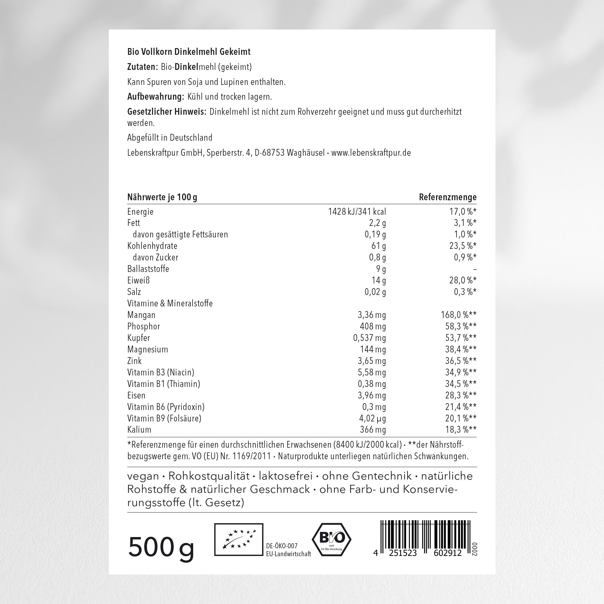 LebenskraftPur Bio Vollkorn Dinkelmehl Gekeimt Rohkost Mehl