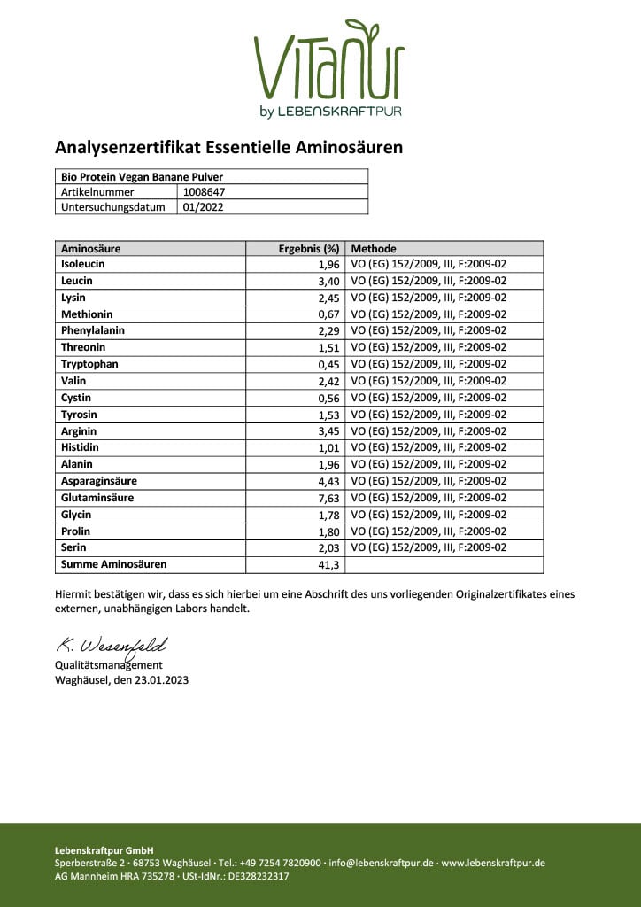 LebenskraftPur Bio Protein Vegan Banane Pulver Über 40% Protein