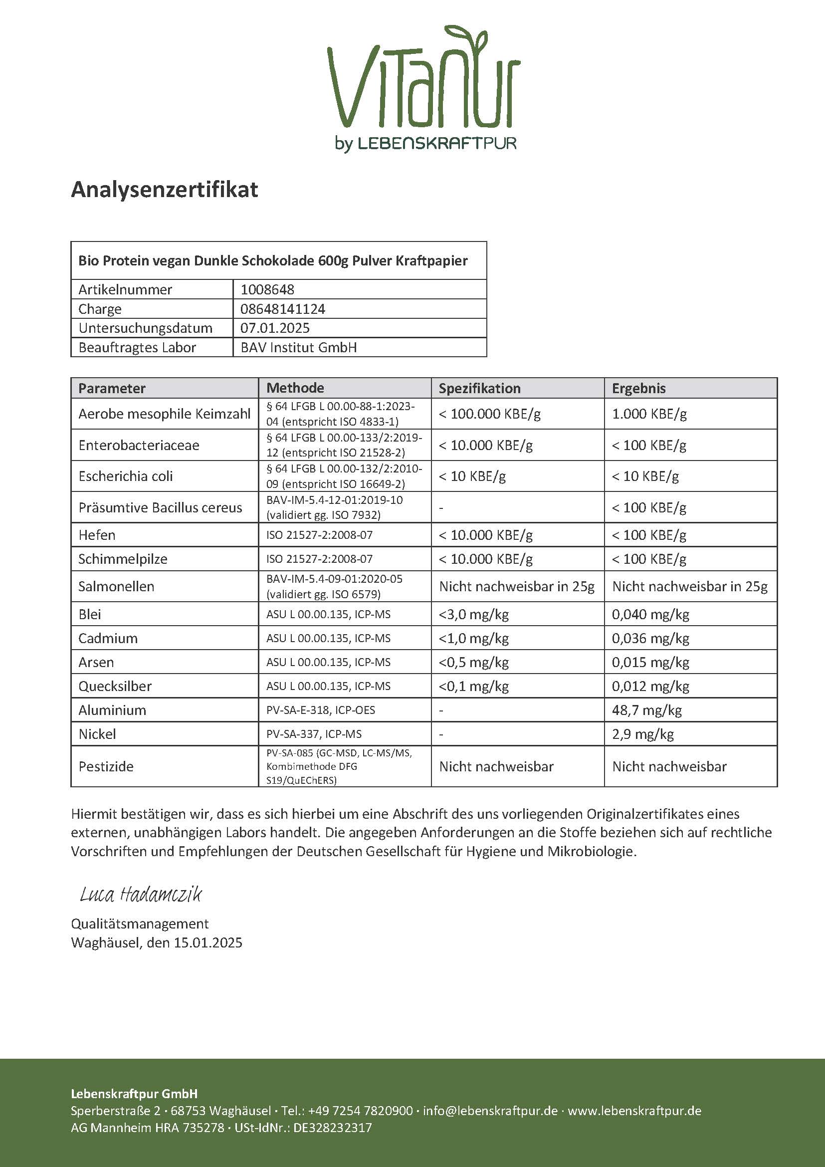LebenskraftPur Bio Protein Vegan Pulver Dunkle Schokolade