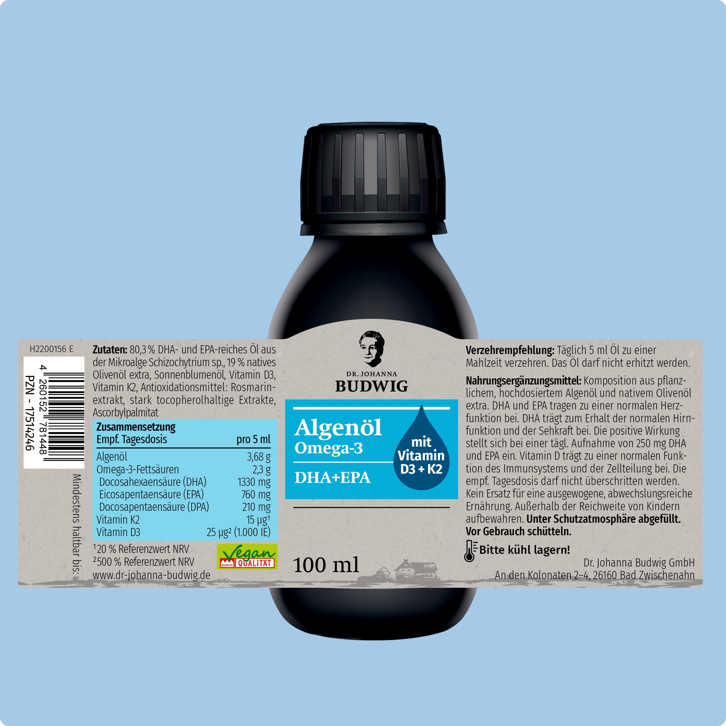 Dr. Johanna Budwig Omega-3 Algenöl Pur Öl Vitamin D3 K2