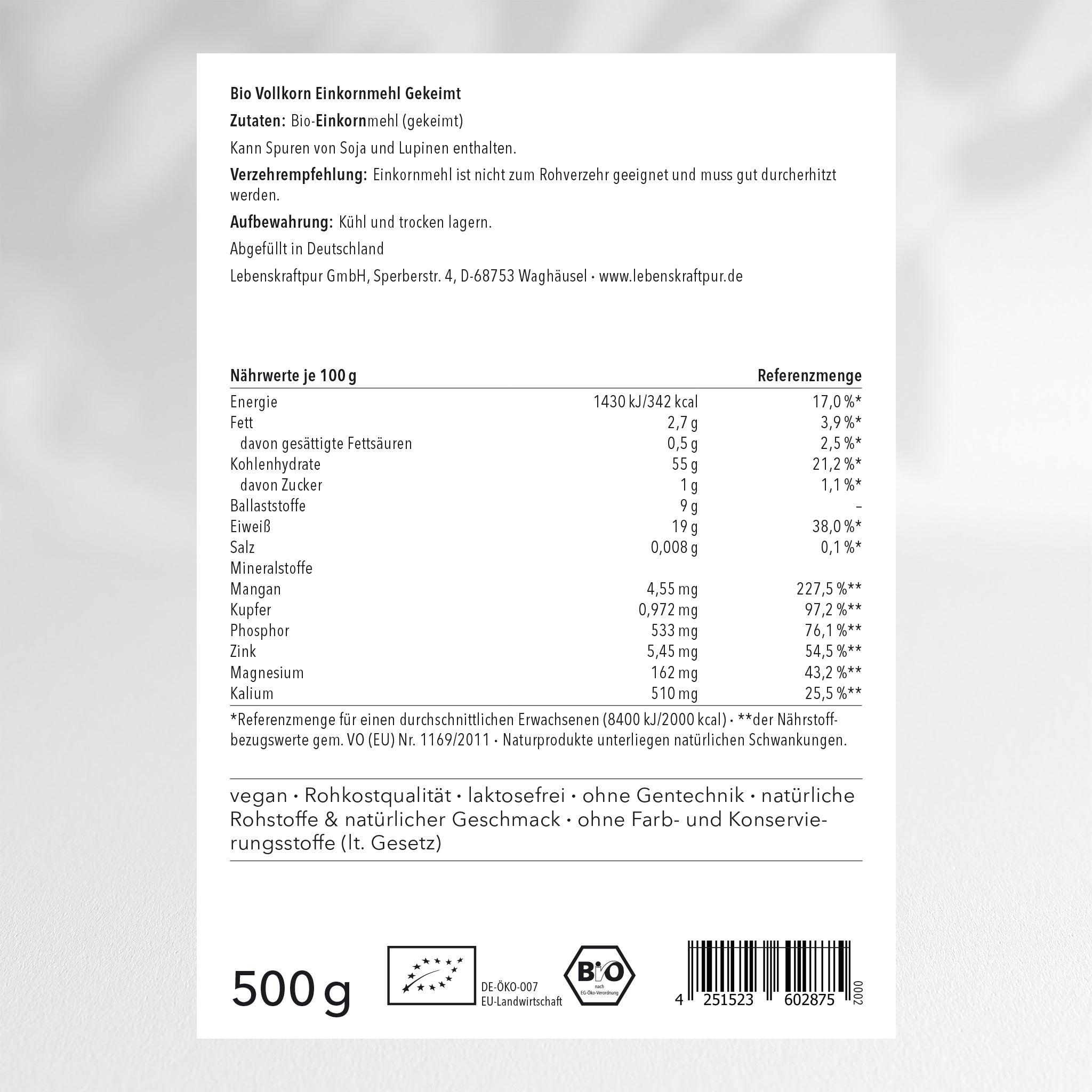 LebenskraftPur Superfood Bio Einkornmehl Vollkorn Gekeimt