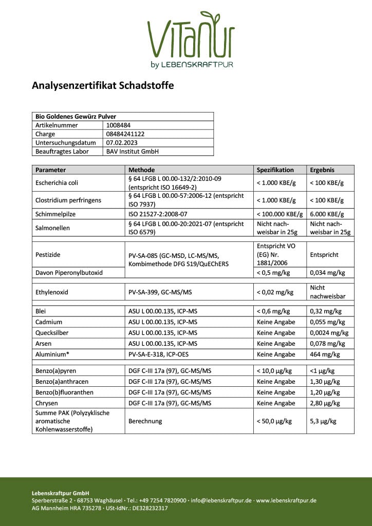 Lebenskraftpur Bio Goldenes Gewürz Pulver für Goldene Milch