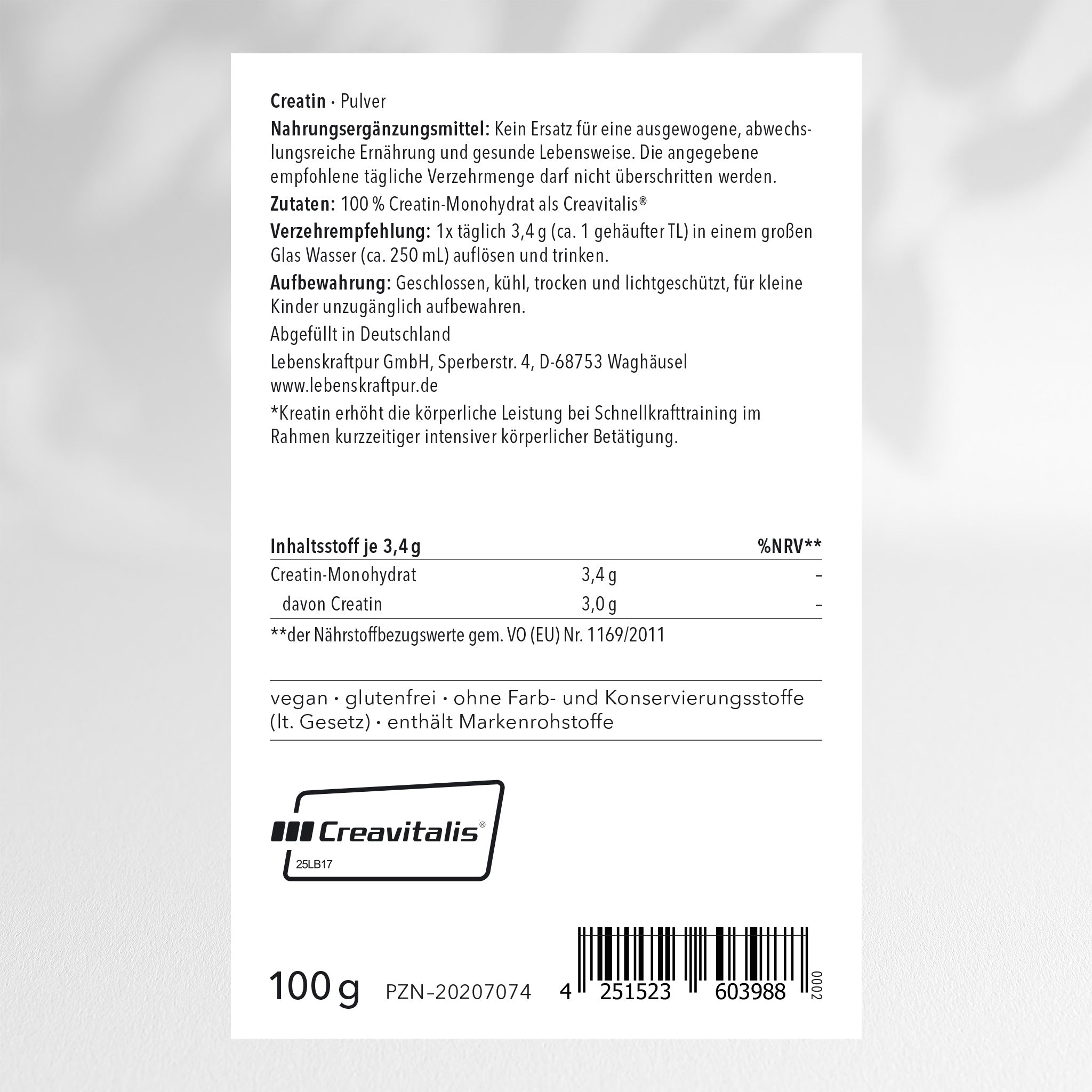 LebenskraftPur Creatin Monohydrat Pulver 100 g Creavitalis vegan