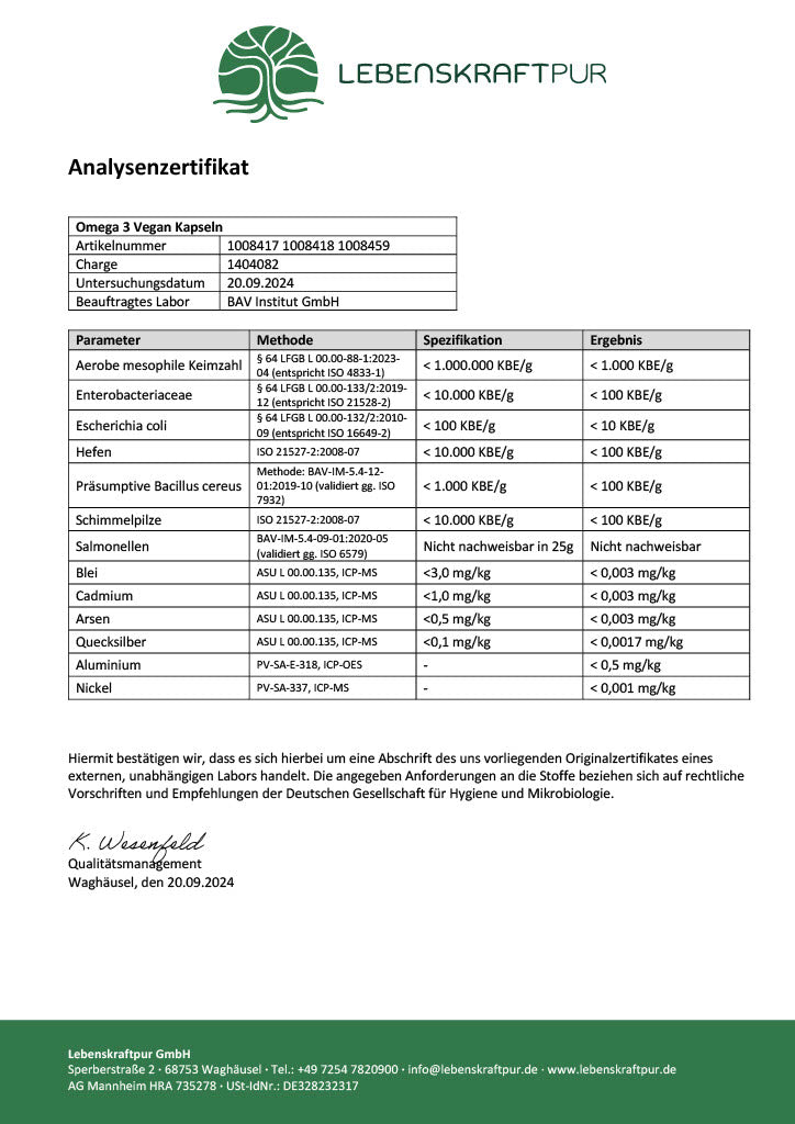 LebenskraftPur Omega 3 Vegan Kapseln 60 Kapseln Algenöl