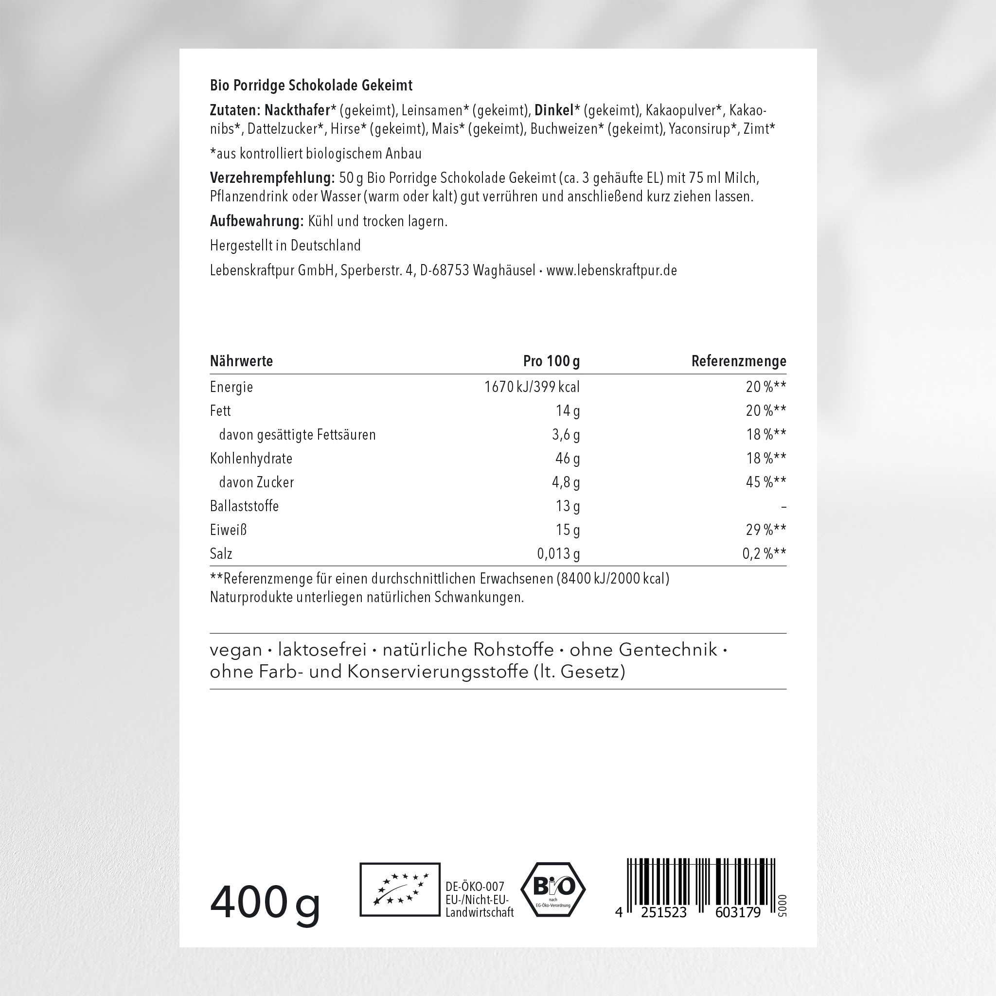 LebenskraftPur Bio Porridge Schokolade Gekeimt vegan Bio