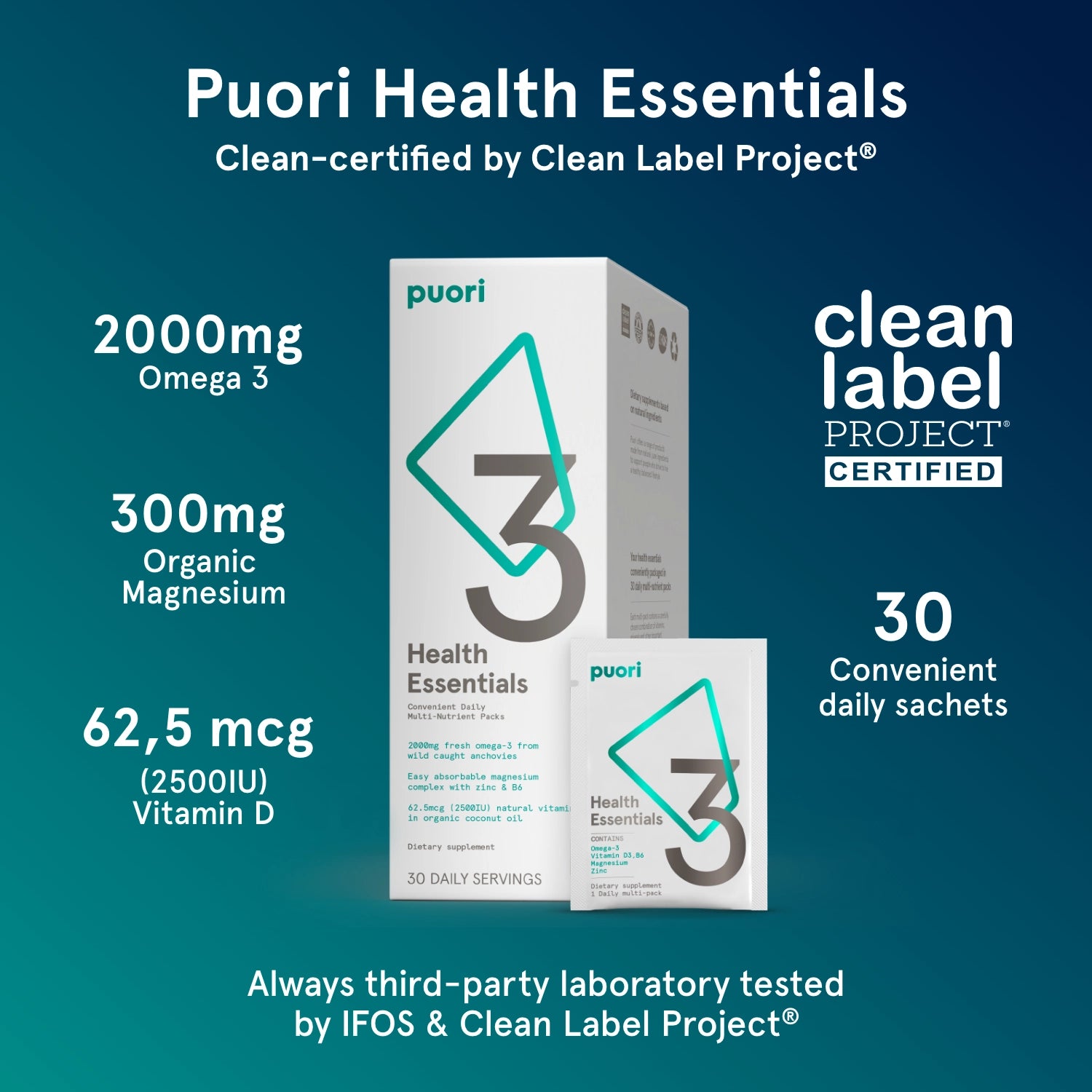 Puori P3 Health Essentials Sachets Omega-3 Magnesium D3 30 St