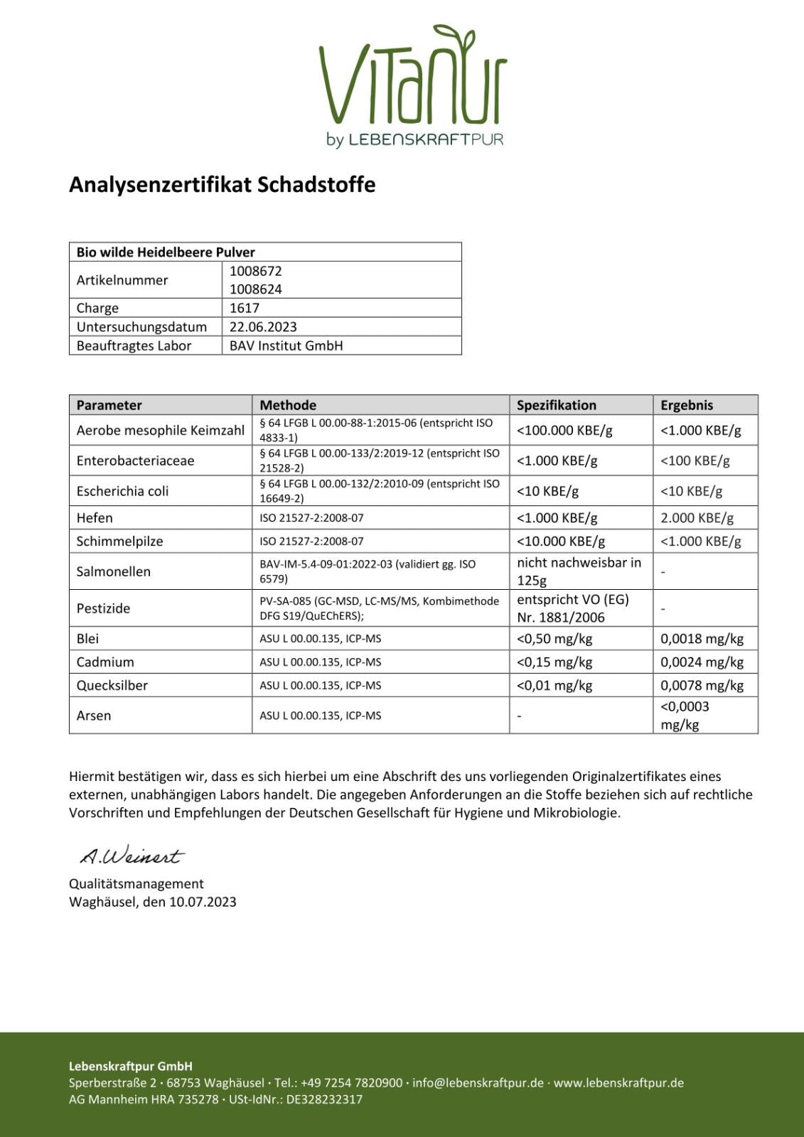LebenskraftPur Bio Wilde Heidelbeere Pulver 200 g roh