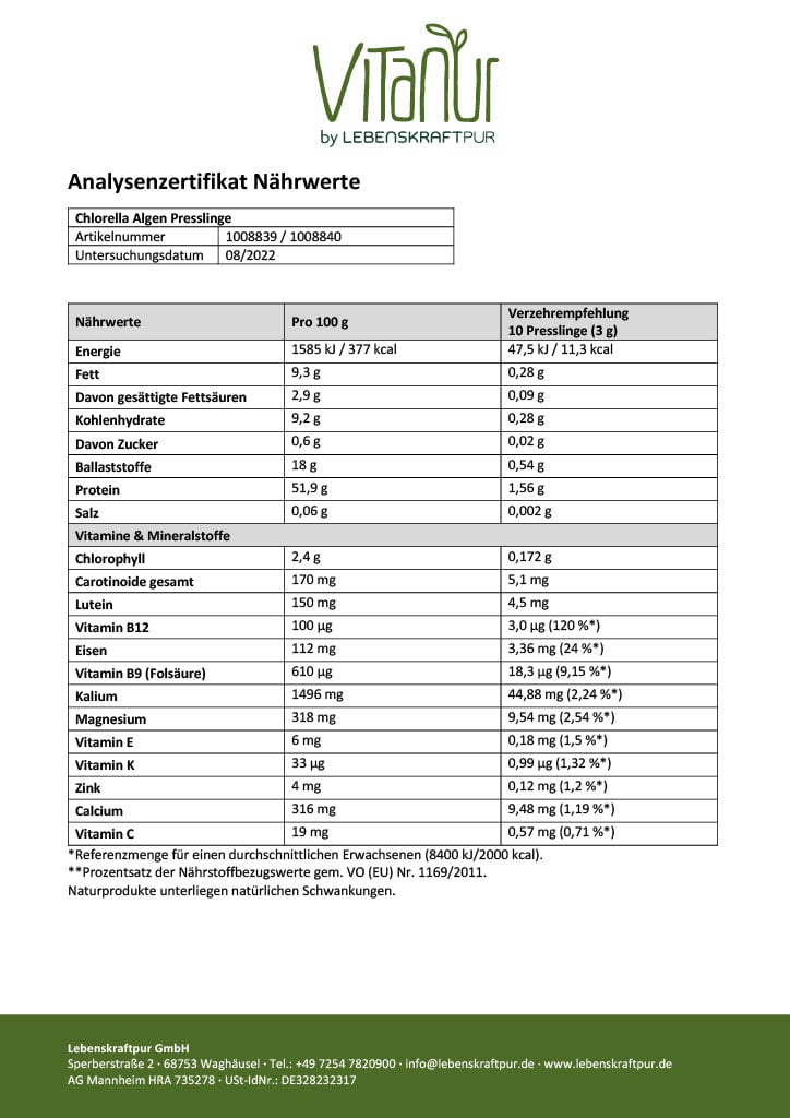 LebenskraftPur Superfood Chlorella Presslinge 660 g B12