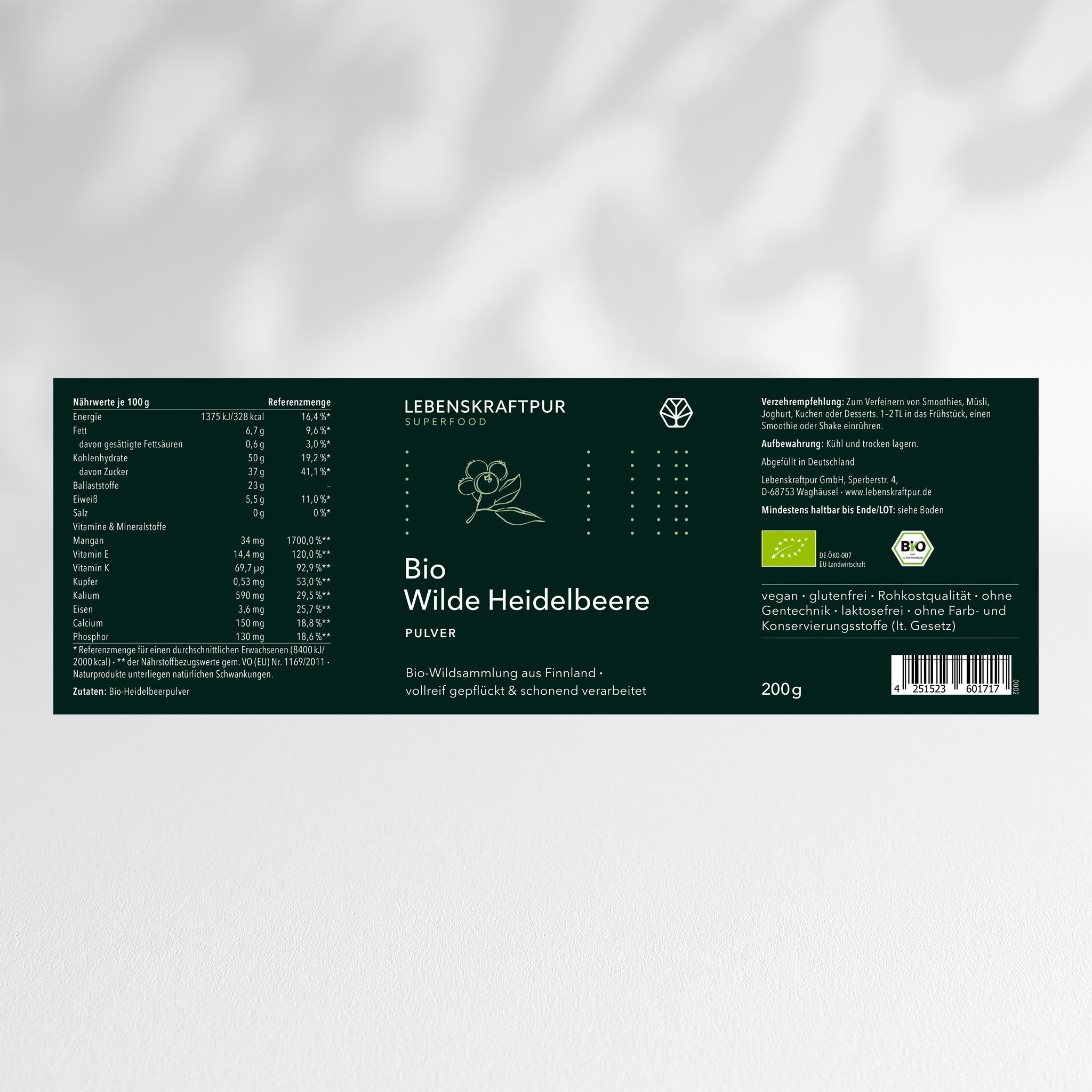 LebenskraftPur Bio Wilde Heidelbeere Pulver 200 g roh