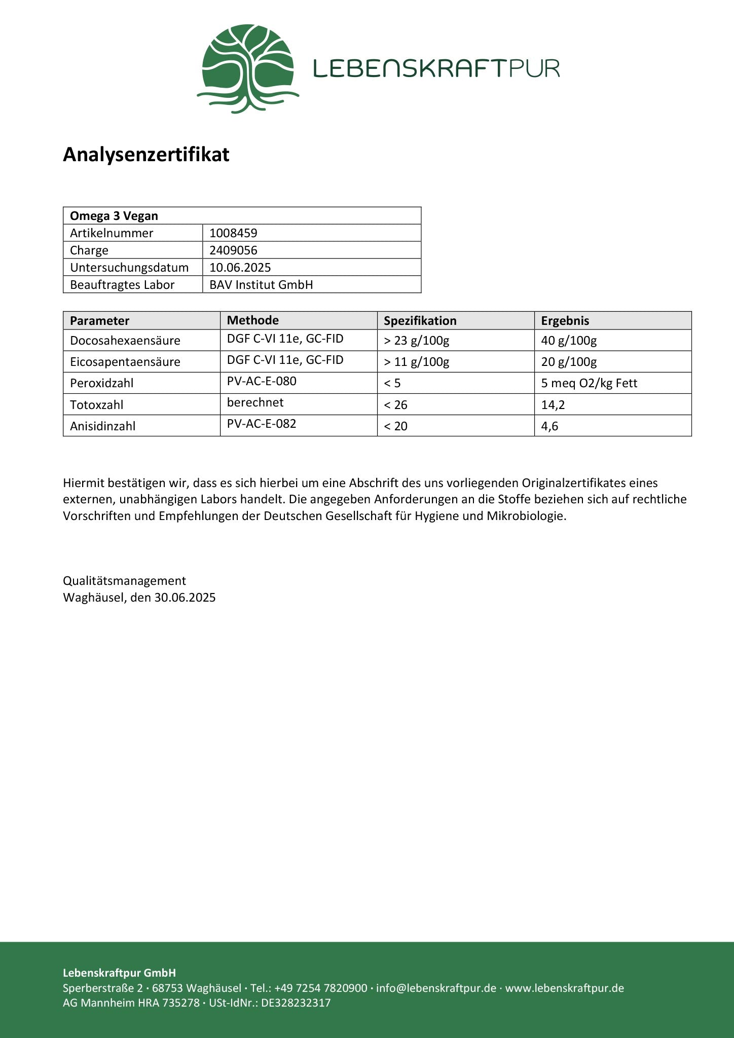 LebenskraftPur Omega 3 Vegan Kapseln 60 Kapseln Algenöl