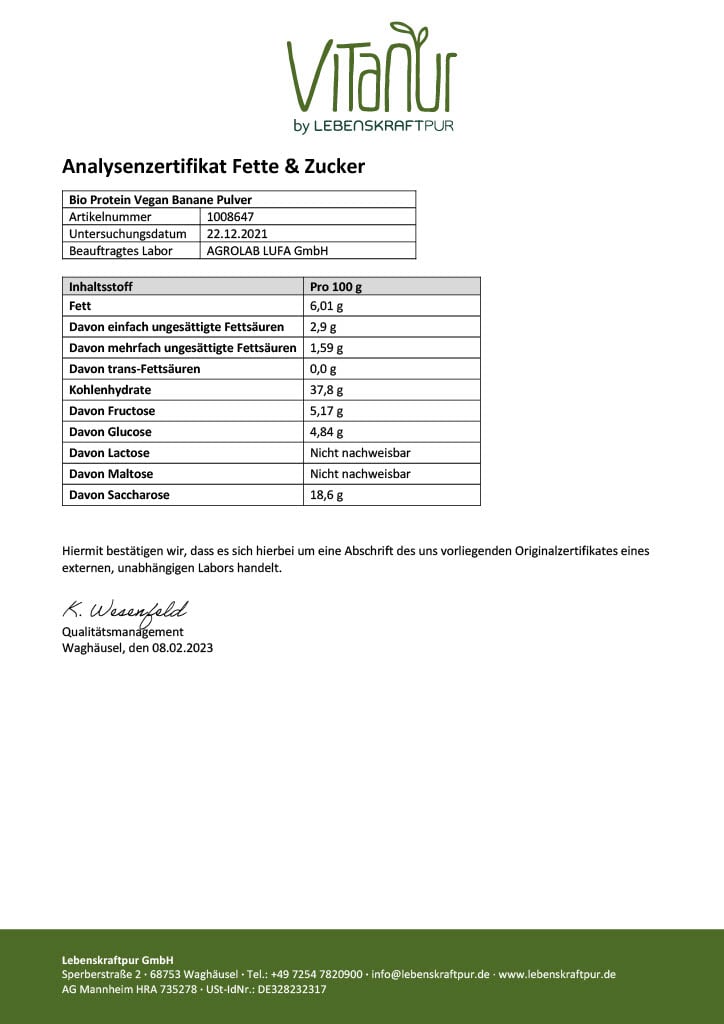 LebenskraftPur Bio Protein Vegan Banane Pulver Über 40% Protein