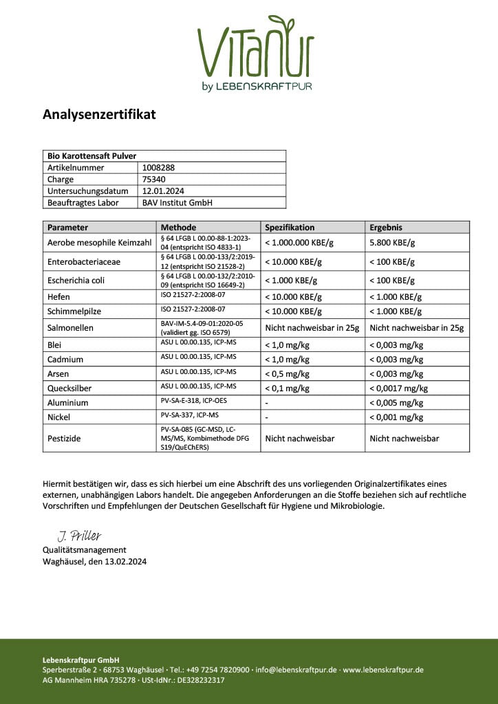 LebenskraftPur Bio Karottensaft Pulver Rohkost vegan Saft