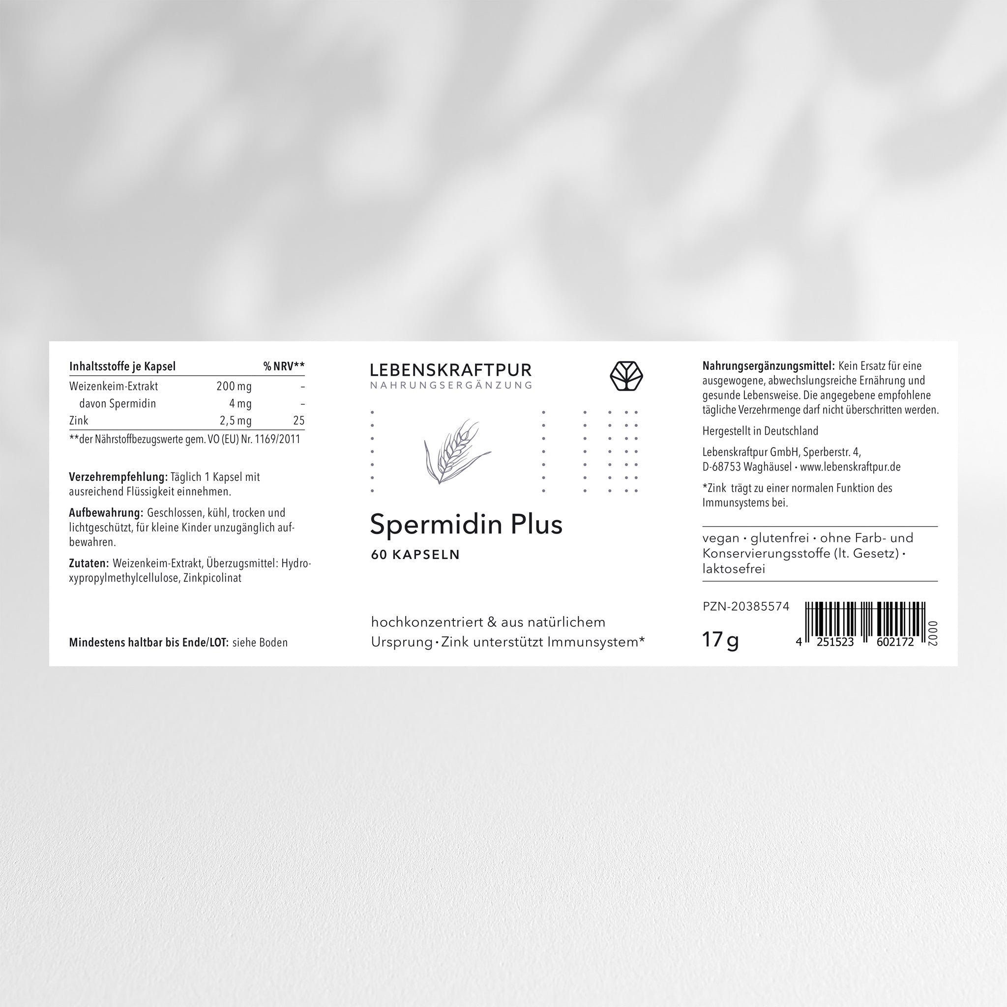 Lebenskraftpur Spermidin Plus Kapseln 60 Kapseln Zink
