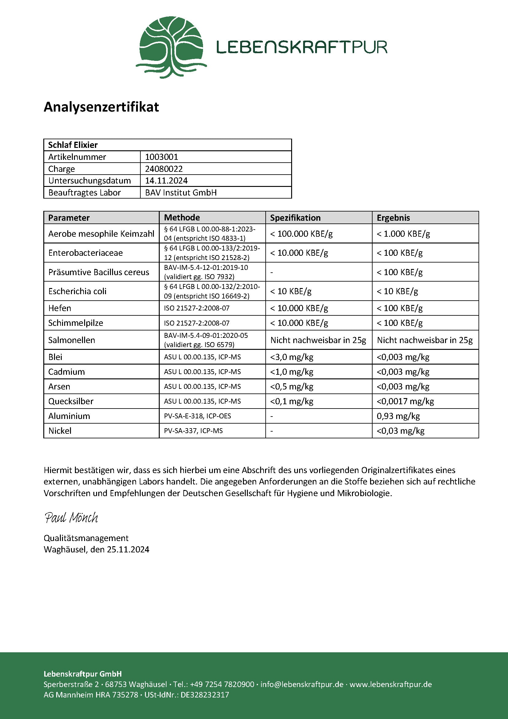 LebenskraftPur Schlaf Elixier Trunk Baldrian Hopfen Melisse
