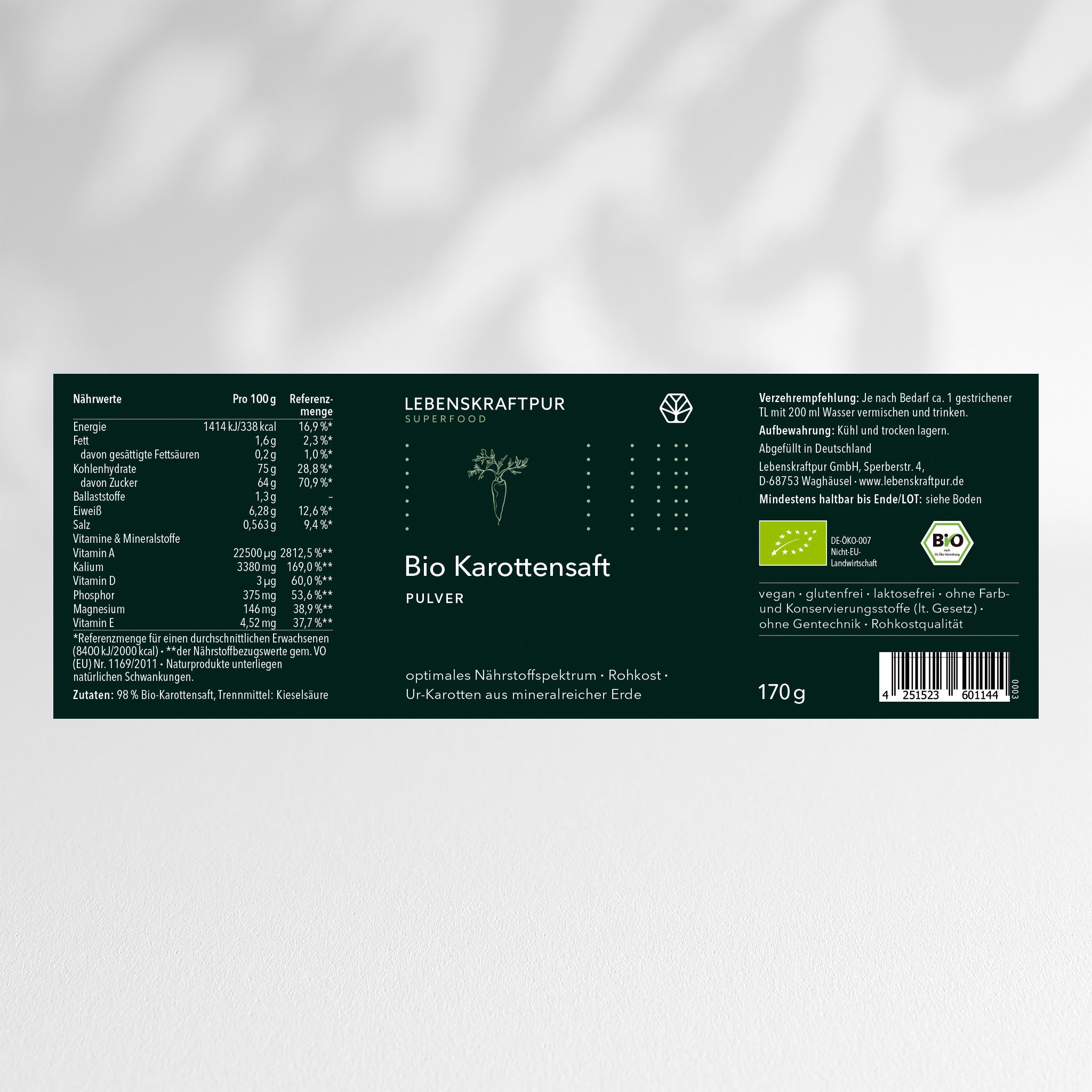LebenskraftPur Bio Karottensaft Pulver Rohkost vegan Saft