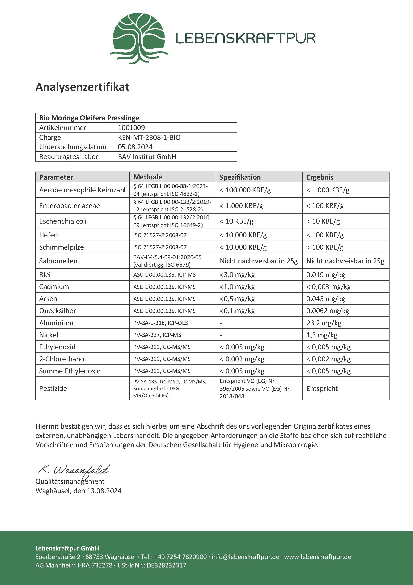 LebenskraftPur Bio Moringa Oleifera Presslinge Tabletten bio