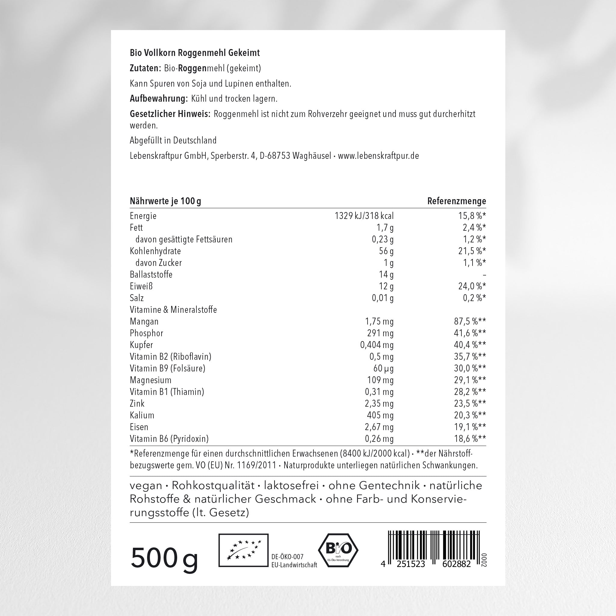 LebenskraftPur Bio Vollkorn Roggenmehl Gekeimt Rohkost
